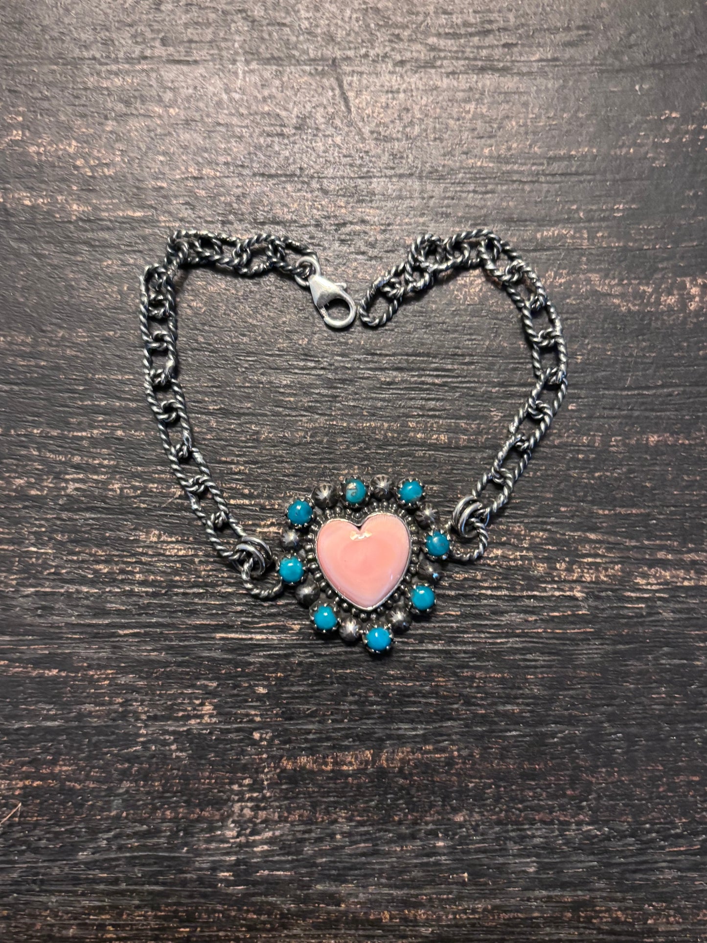 Pink Conch Heart Link Bracelet | 925 Sterling Silver Southwestern Style A001