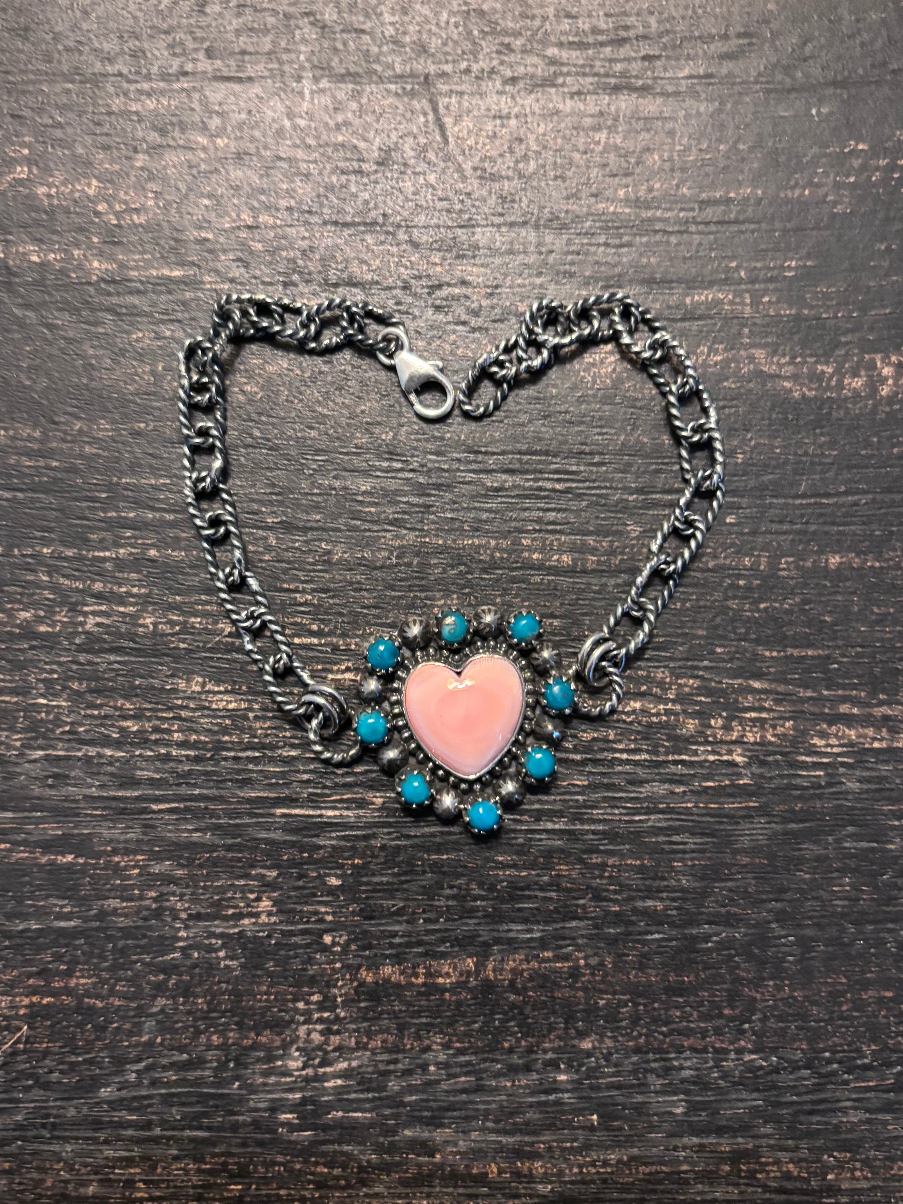 Pink Conch Heart Link Bracelet | 925 Sterling Silver Southwestern Style A001