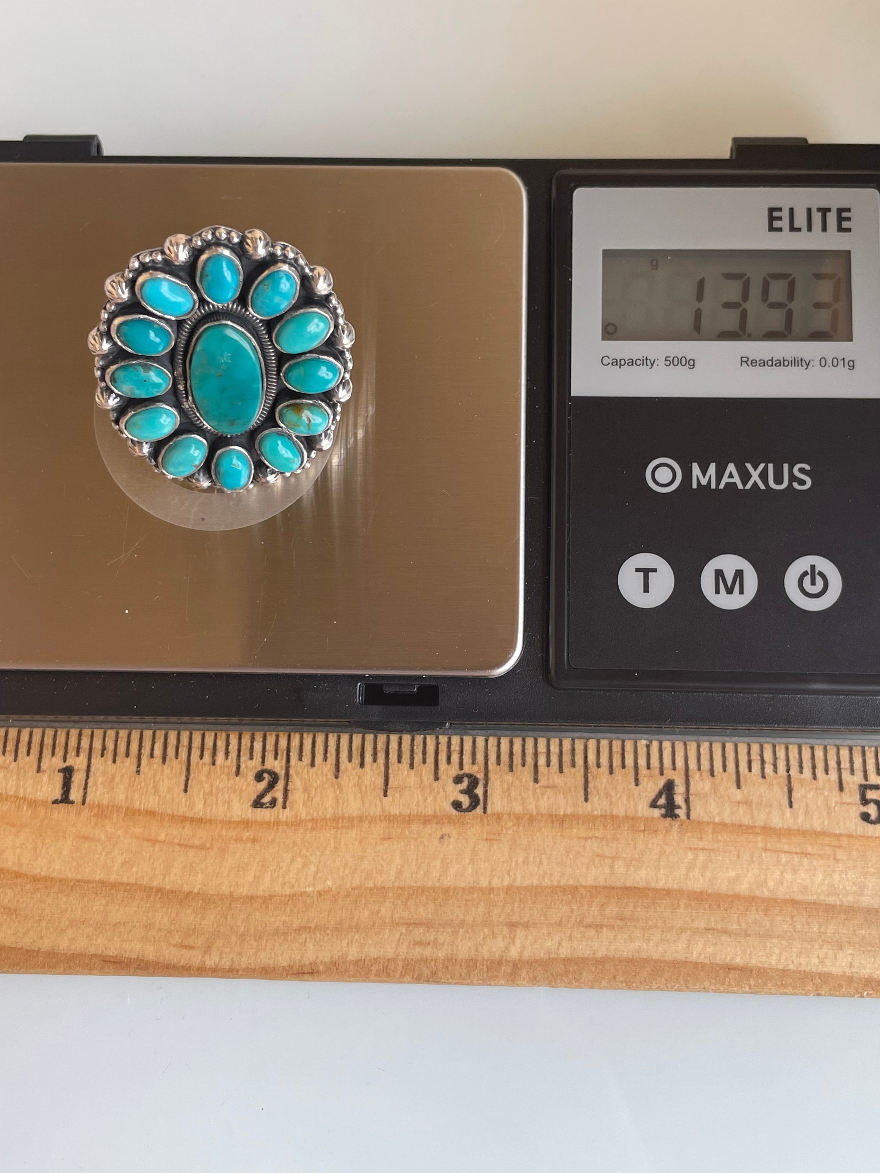 Kingman Turquoise Flower Cluster Ring Size 7.5 | 925 Sterling Silver G470