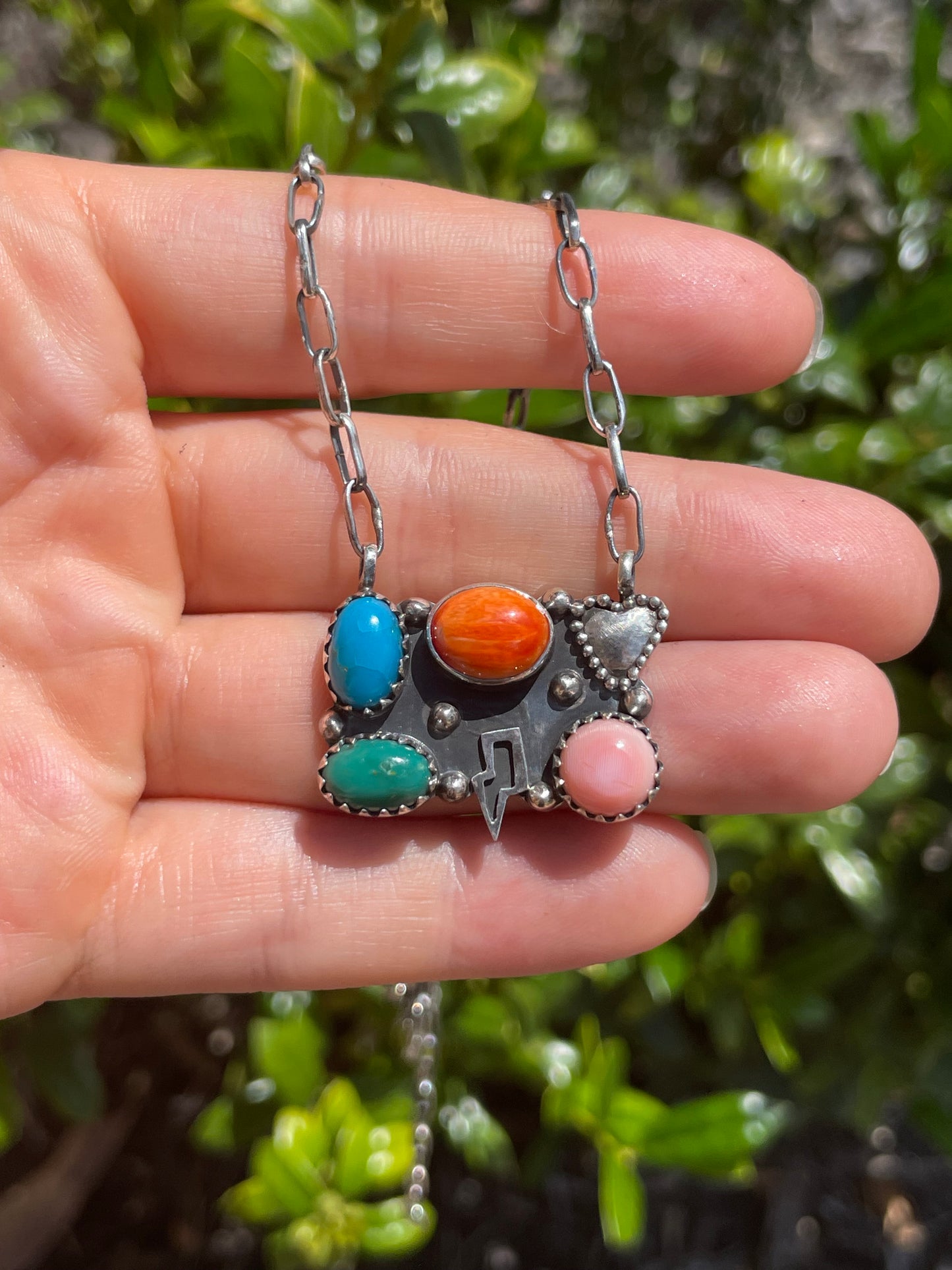 Spiny Oyster, Turquoise & Pink Conch Lightning Necklace | 925 Sterling Silver D161