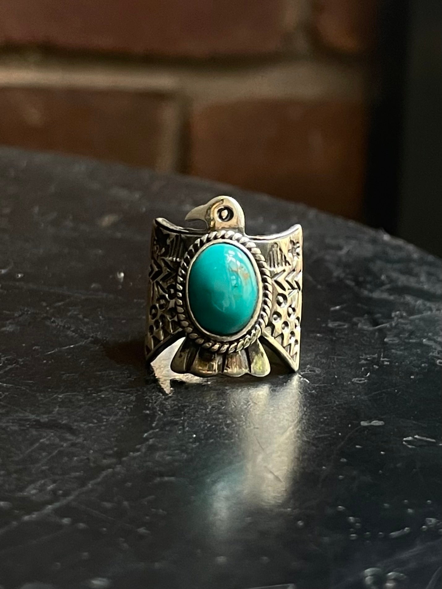 Kingman Turquoise Thunderbird Ring | 925 Sterling Silver | Size 6.5 E306