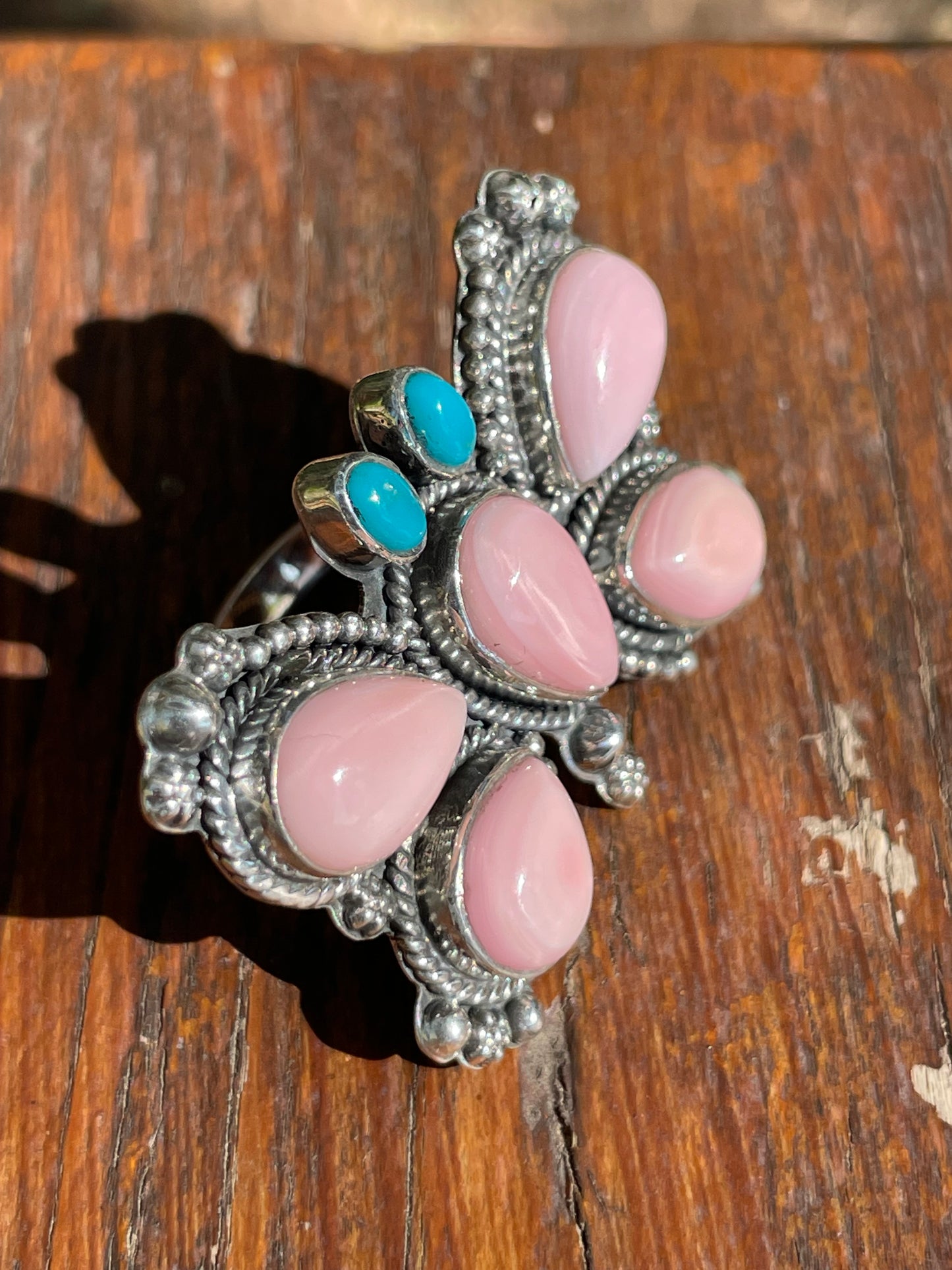 Pink Conch & Turquoise Butterfly Ring | Sterling Silver 925 | Size 6 B375