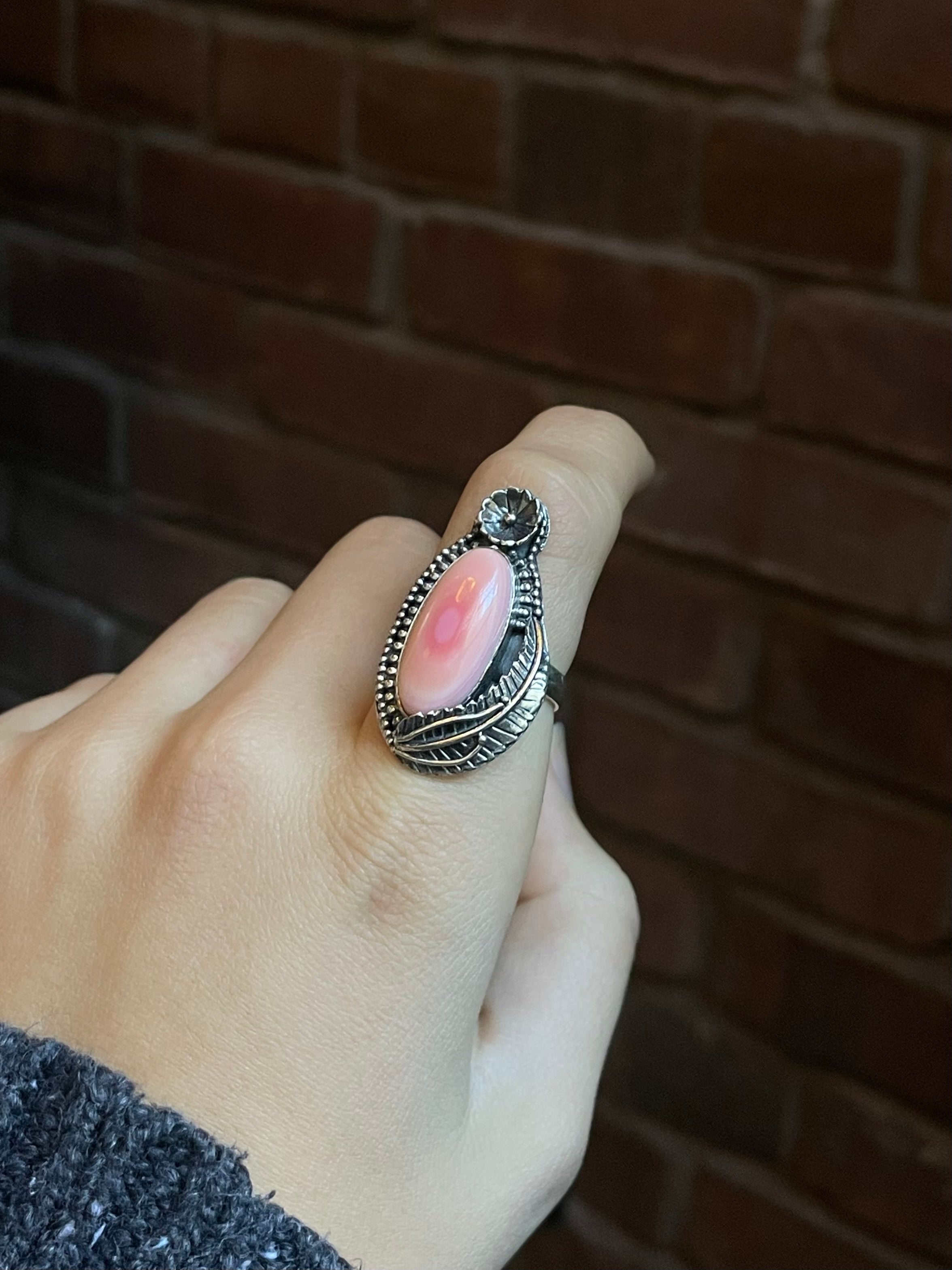 Pink Conch Floral Ring Size 8.5 | 925 Sterling Silver C577