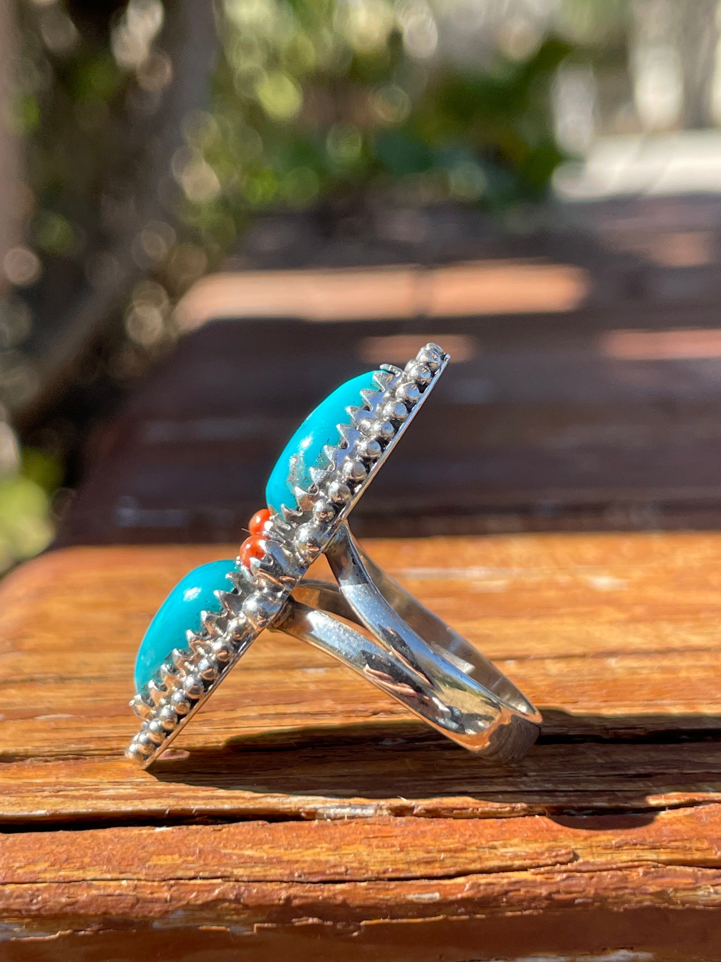 Turquoise & Coral Double Stone Ring Size 7.5 | 925 Sterling Silver B941
