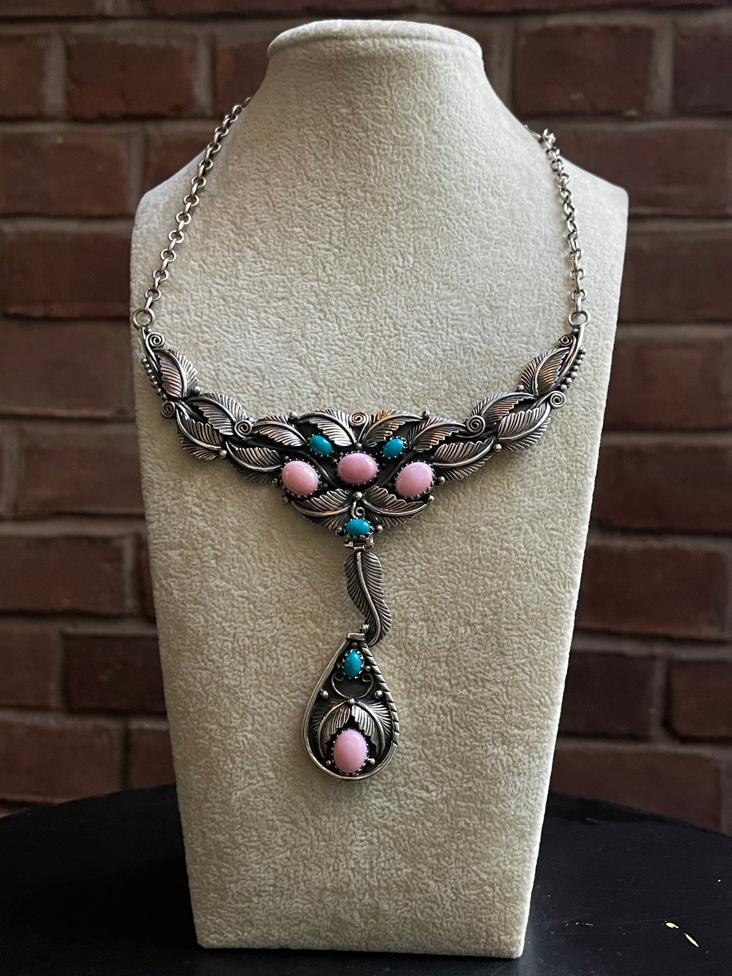 Pink Conch Turquoise Leaf Statement Necklace | Sterling Silver E828