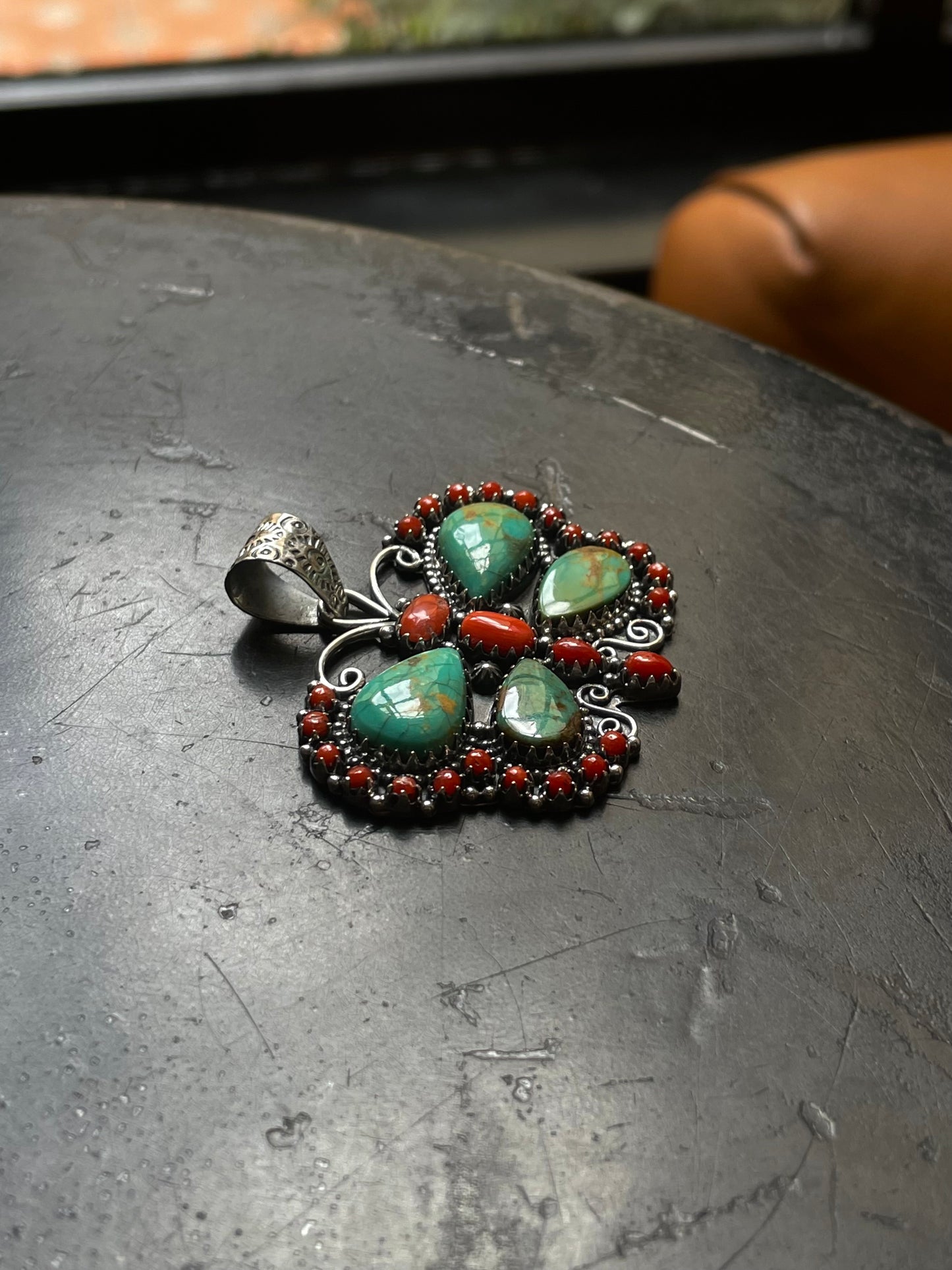 Turquoise Coral Butterfly Pendant | 925 Sterling Silver E526