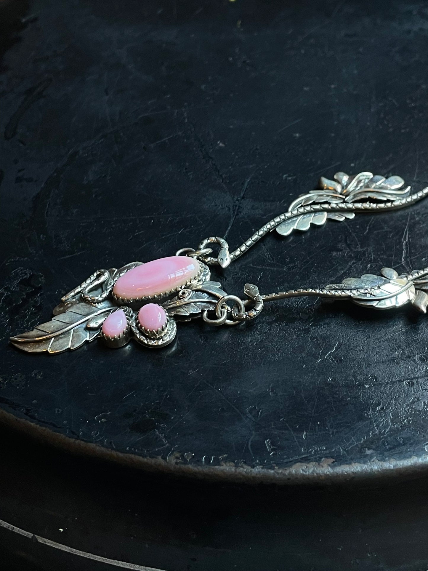Pink Conch Snake & Feather Necklace | 925 Sterling Silver E357