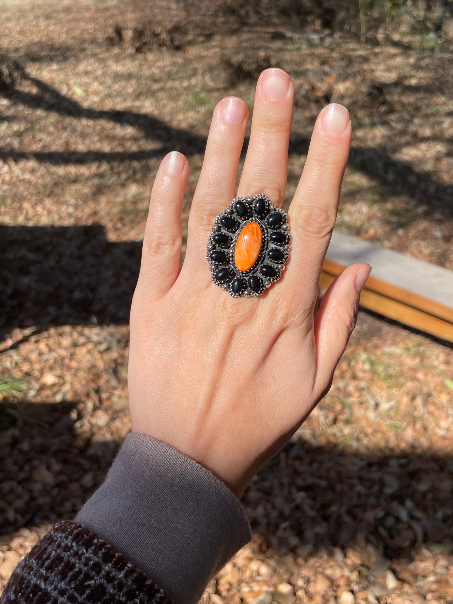 Spiny Oyster Black Onyx Cluster Ring Size 8 | 925 Sterling Silver B996