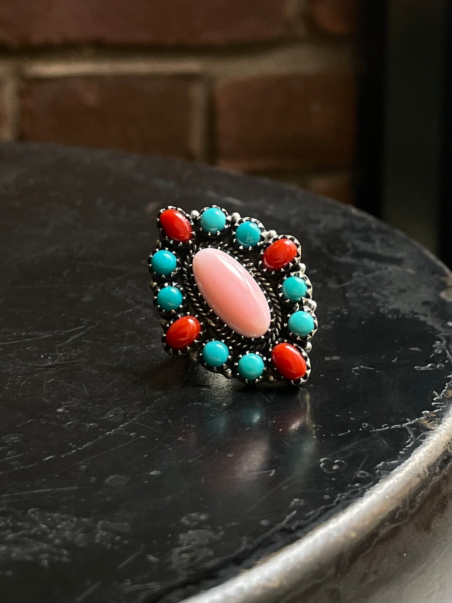 Pink Conch Turquoise & Coral Cluster Ring | 925 Sterling Silver | Size 6.75 E301