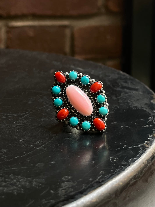 Pink Conch Turquoise & Coral Cluster Ring | 925 Sterling Silver | Size 6.75 E301