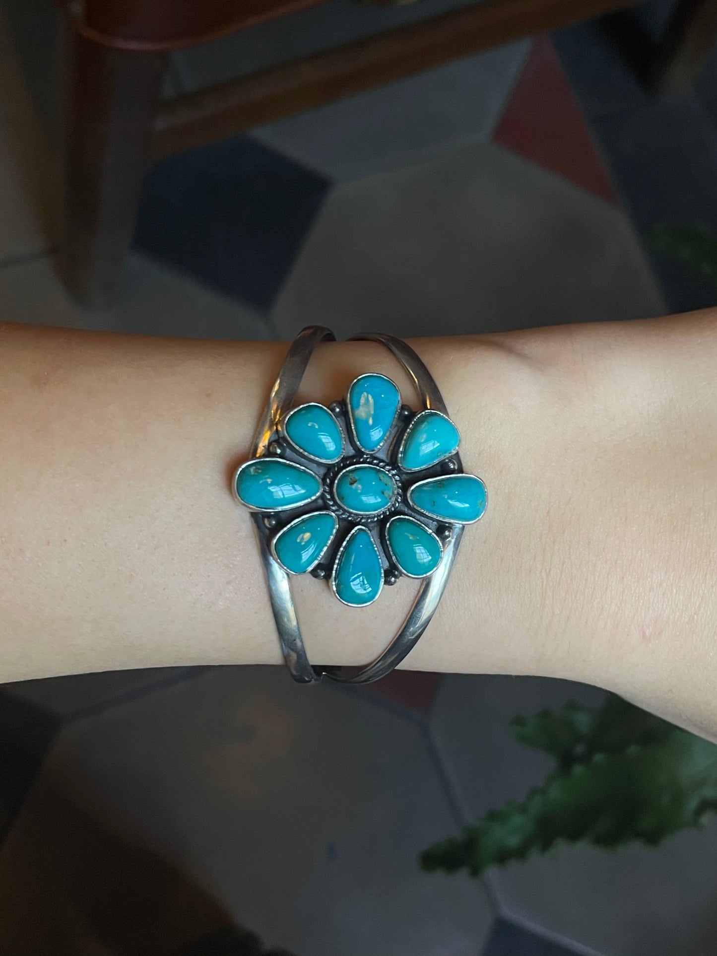 Kingman Turquoise Flower Cuff | 925 Sterling Silver E492