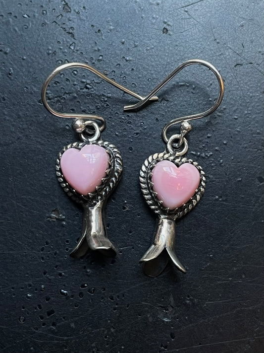 Pink Conch Squash Blossom Earrings | Heart Drop Hook E677