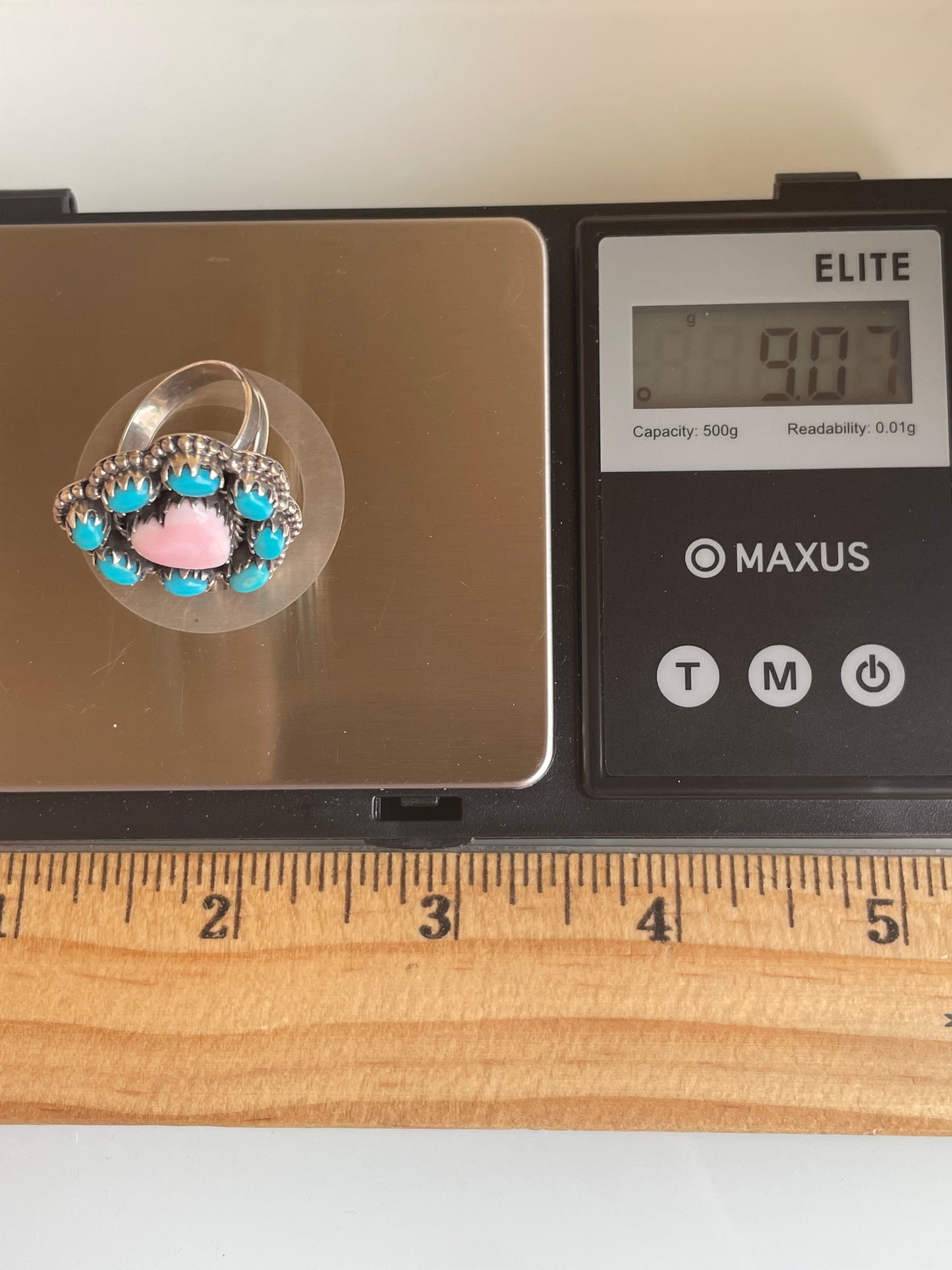 Pink Conch Heart & Kingman Turquoise Ring Size 7 | Sterling Silver G486