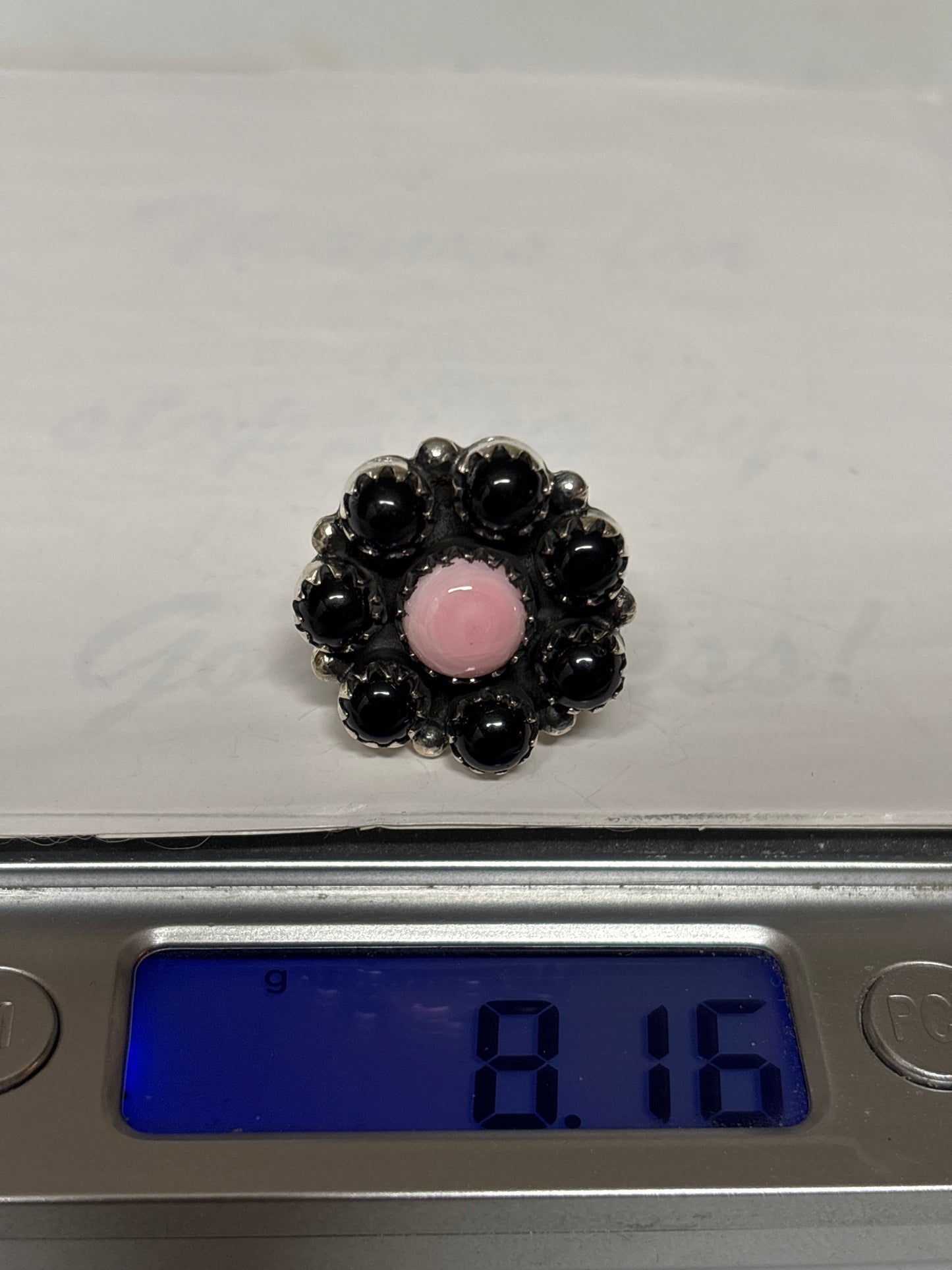 Pink Conch & Black Onyx Ring Size 8 | 925 Sterling Silver C916