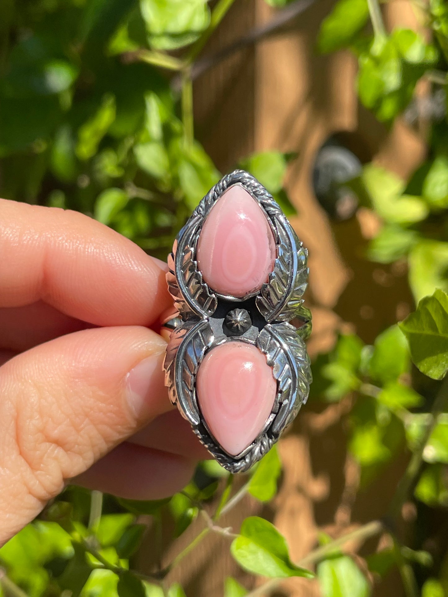 Pink Conch Double Stone Leaf Ring | 925 Sterling Silver | Size 9 B277