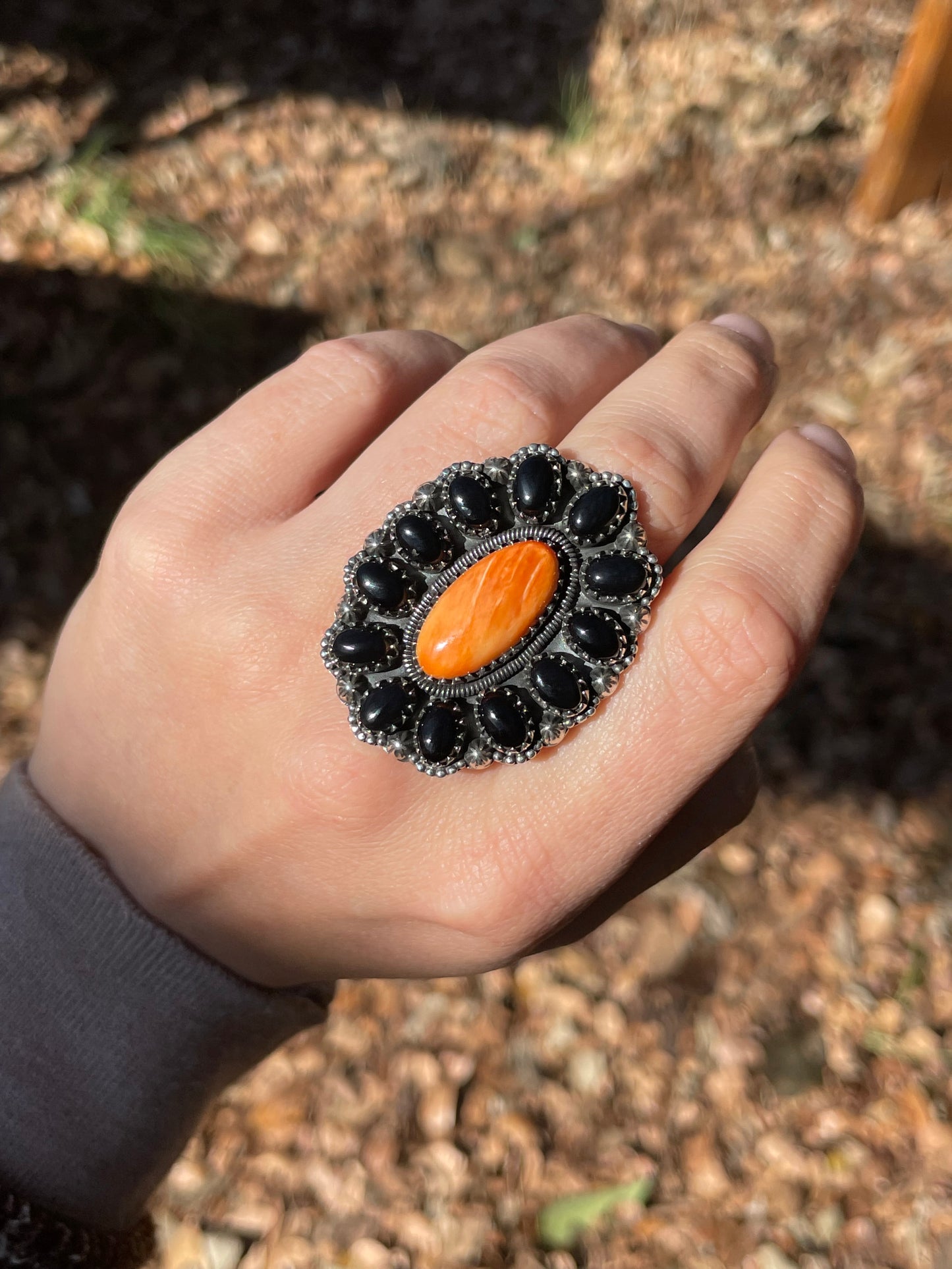 Spiny Oyster Black Onyx Cluster Ring Size 8 | 925 Sterling Silver B996