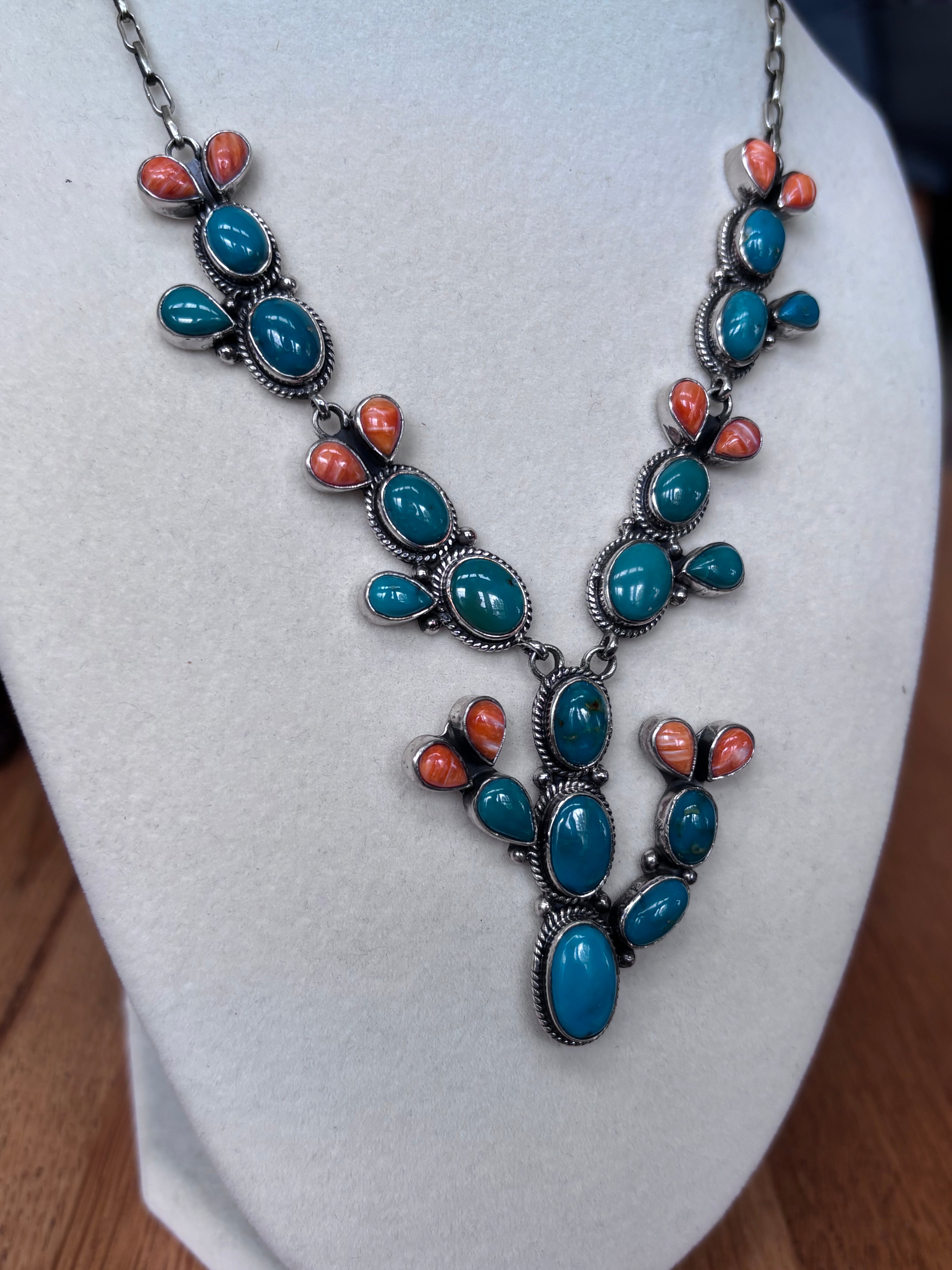 Turquoise Spiny Oyster Prickly Pear Necklace | 925 Sterling Silver A107