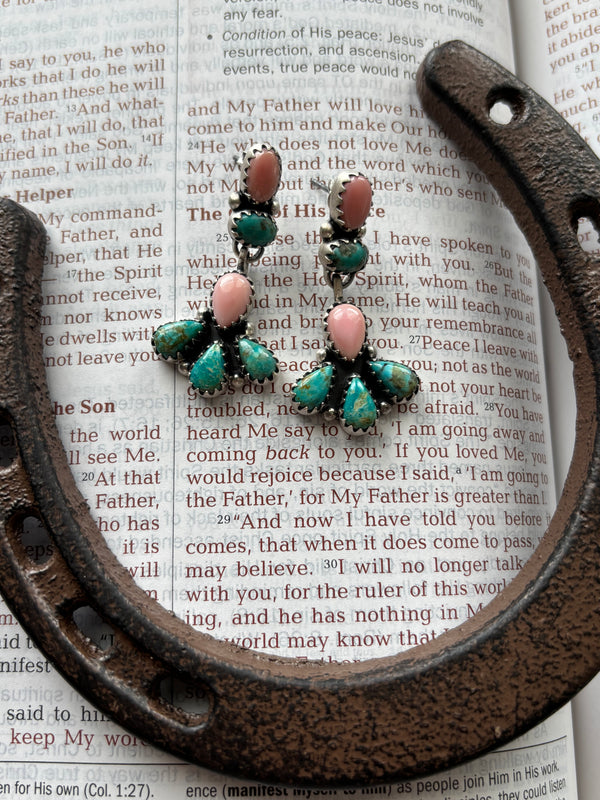 Pink Conch & Turquoise Stud Earrings | 925 Sterling Silver