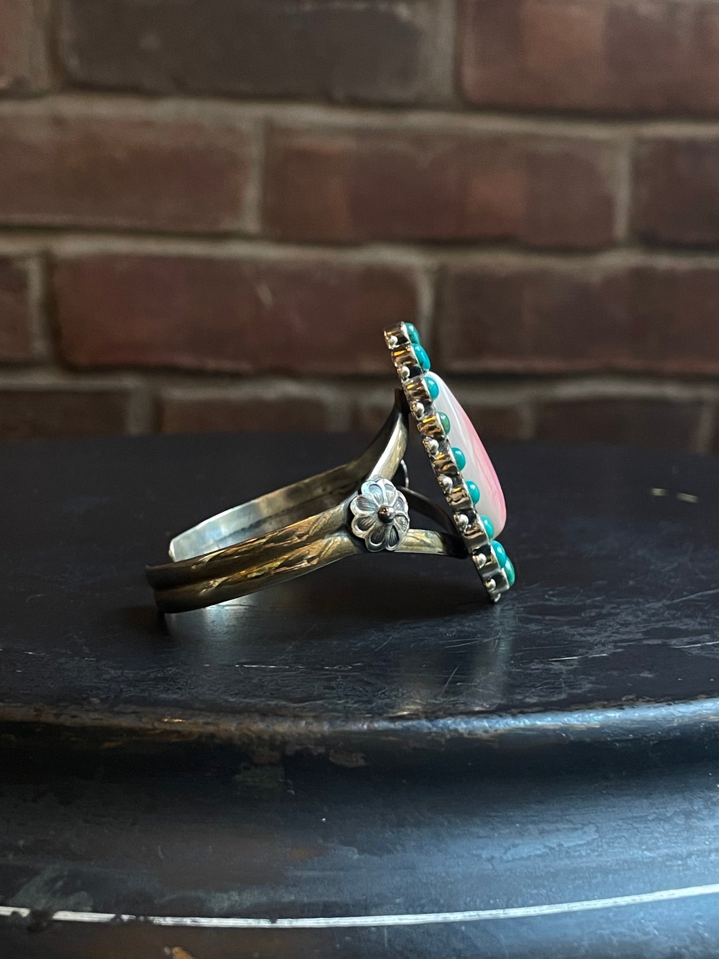 Pink Conch & Kingman Turquoise Floral Cuff | 925 Sterling Silver E496