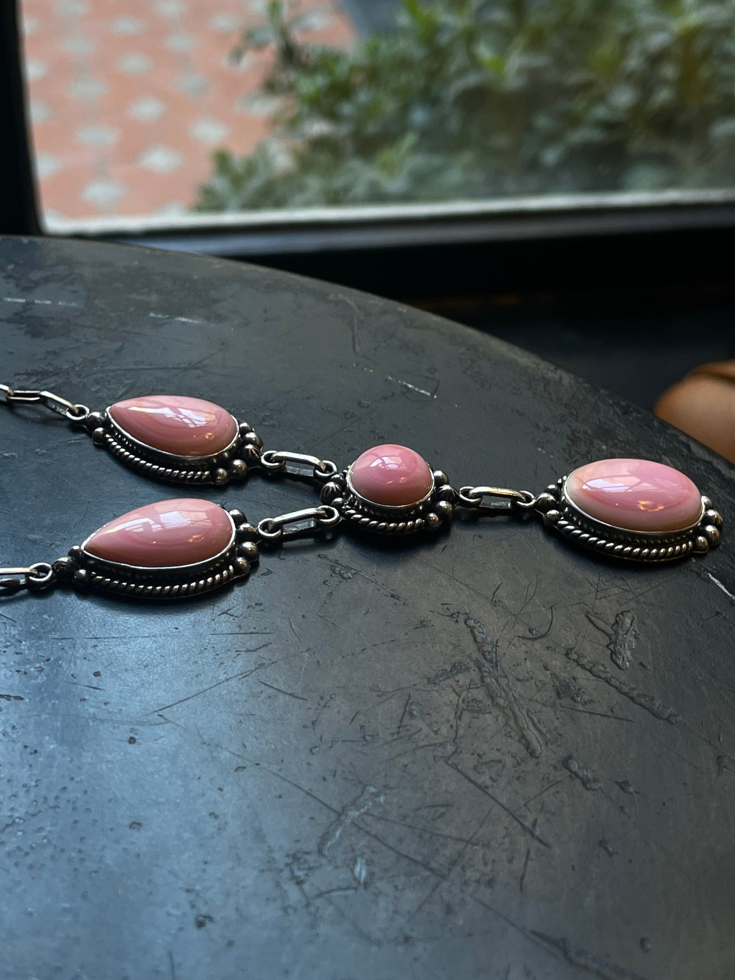Pink Conch Lariat Necklace | Graduated Oval Stations | 925 Silver E574