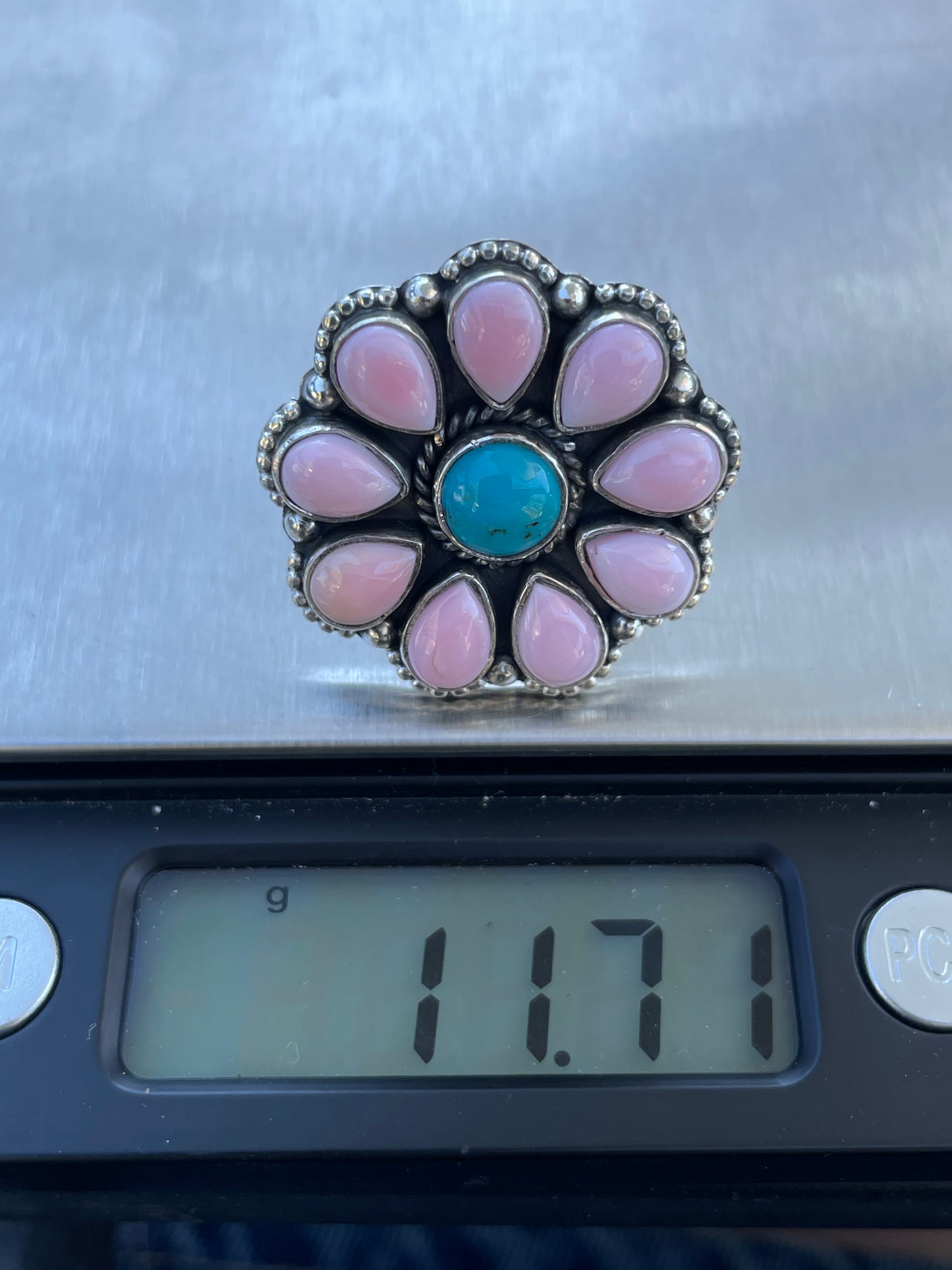 Pink Conch and Turquoise Flower Ring | 925 Sterling Silver | Size 6 B296