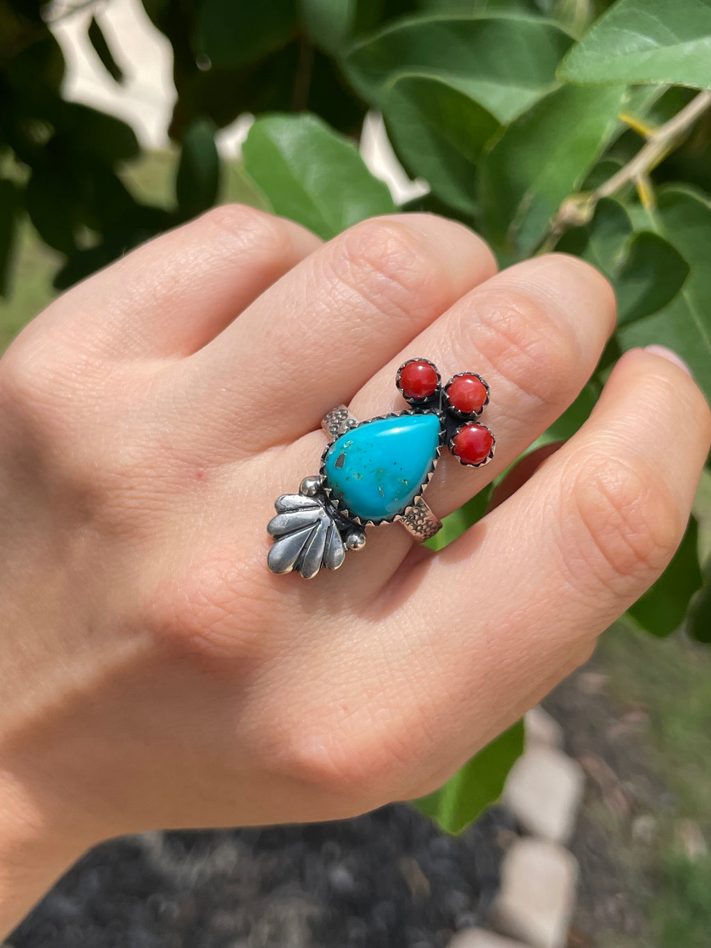 Kingman Turquoise & Coral Ring Size 7 | 925 Sterling Silver D179