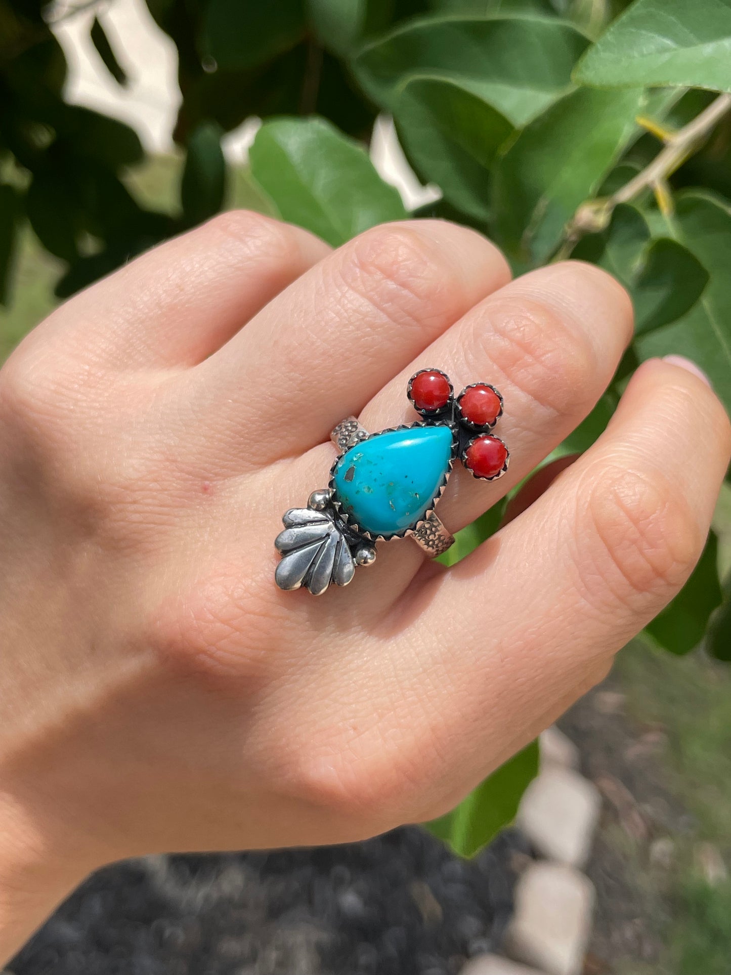 Kingman Turquoise & Coral Ring Size 7 | 925 Sterling Silver D179