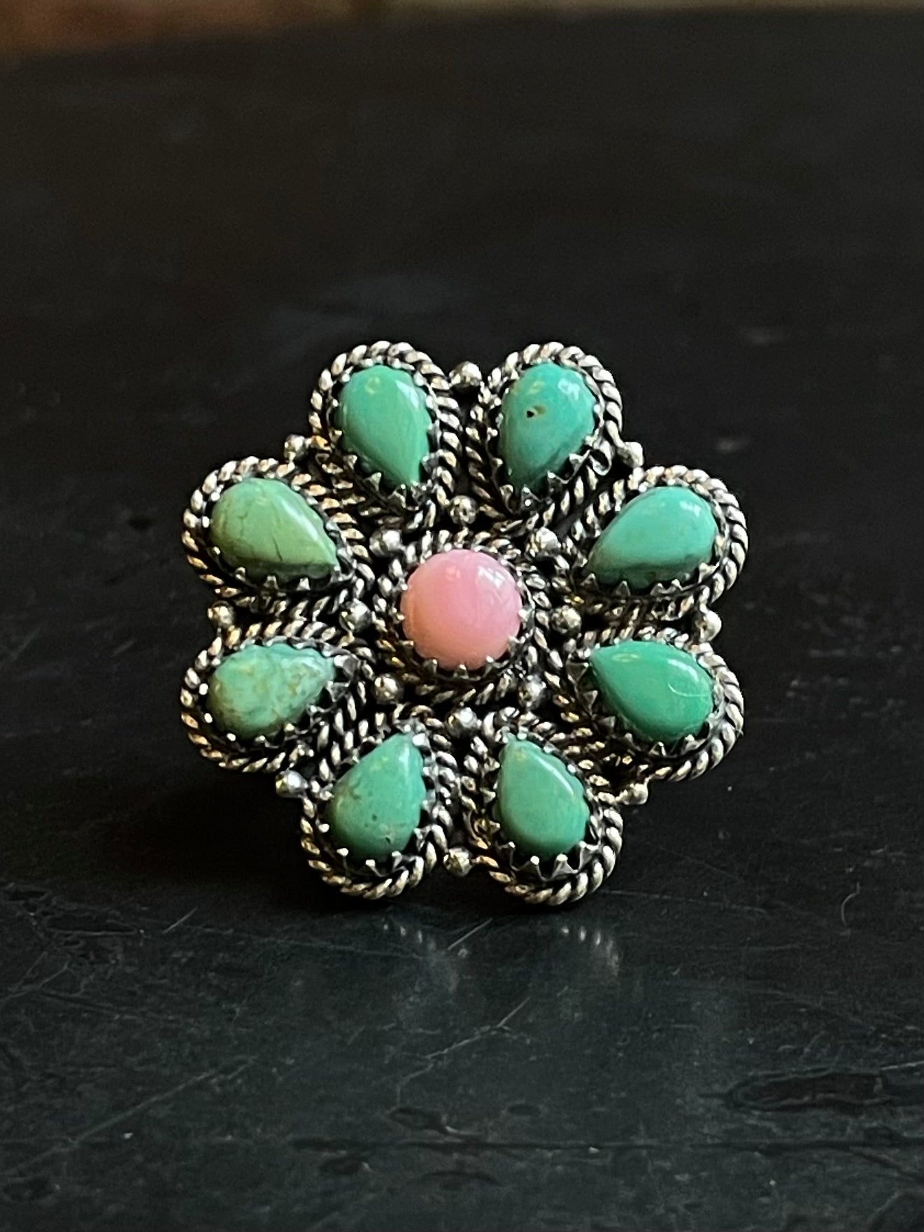 Pink Conch Turquoise Flower Ring Size 7 | Sterling Silver E860