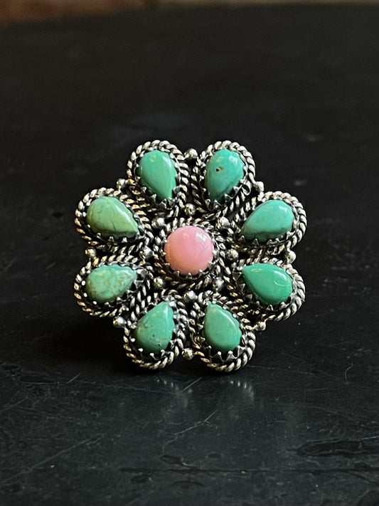 Pink Conch Turquoise Flower Ring Size 7 | Sterling Silver E860