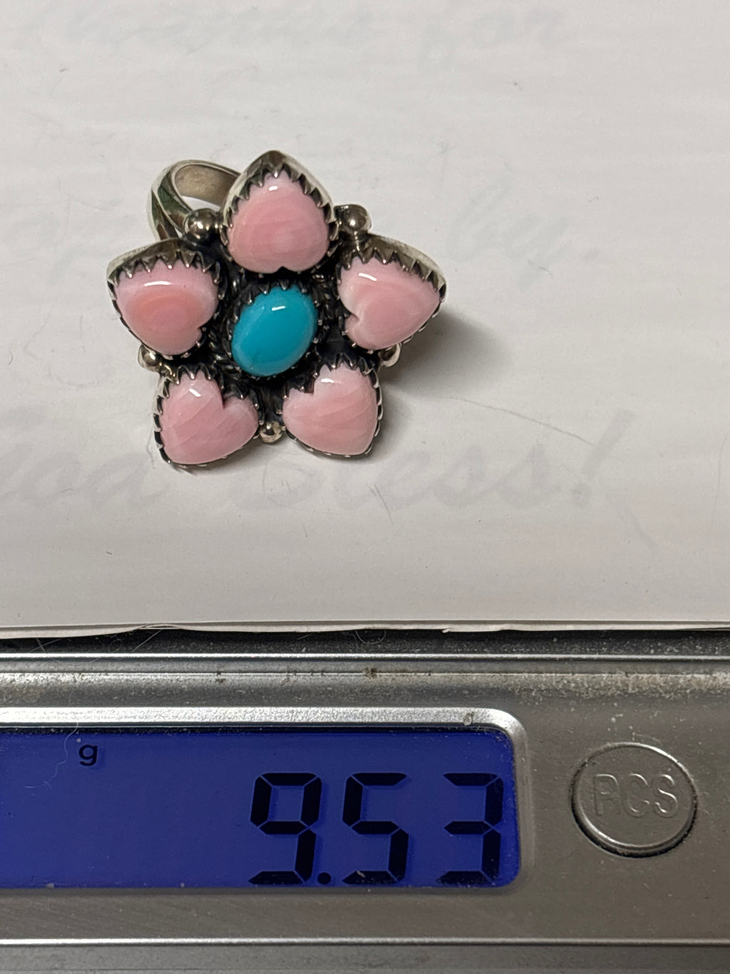 Pink Conch Heart Cluster Ring Size 8 | Kingman Turquoise | 925 Sterling Silver C864
