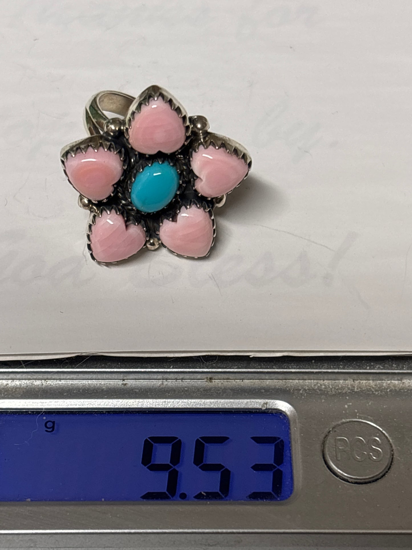 Pink Conch Heart Cluster Ring Size 8 | Kingman Turquoise | 925 Sterling Silver C864