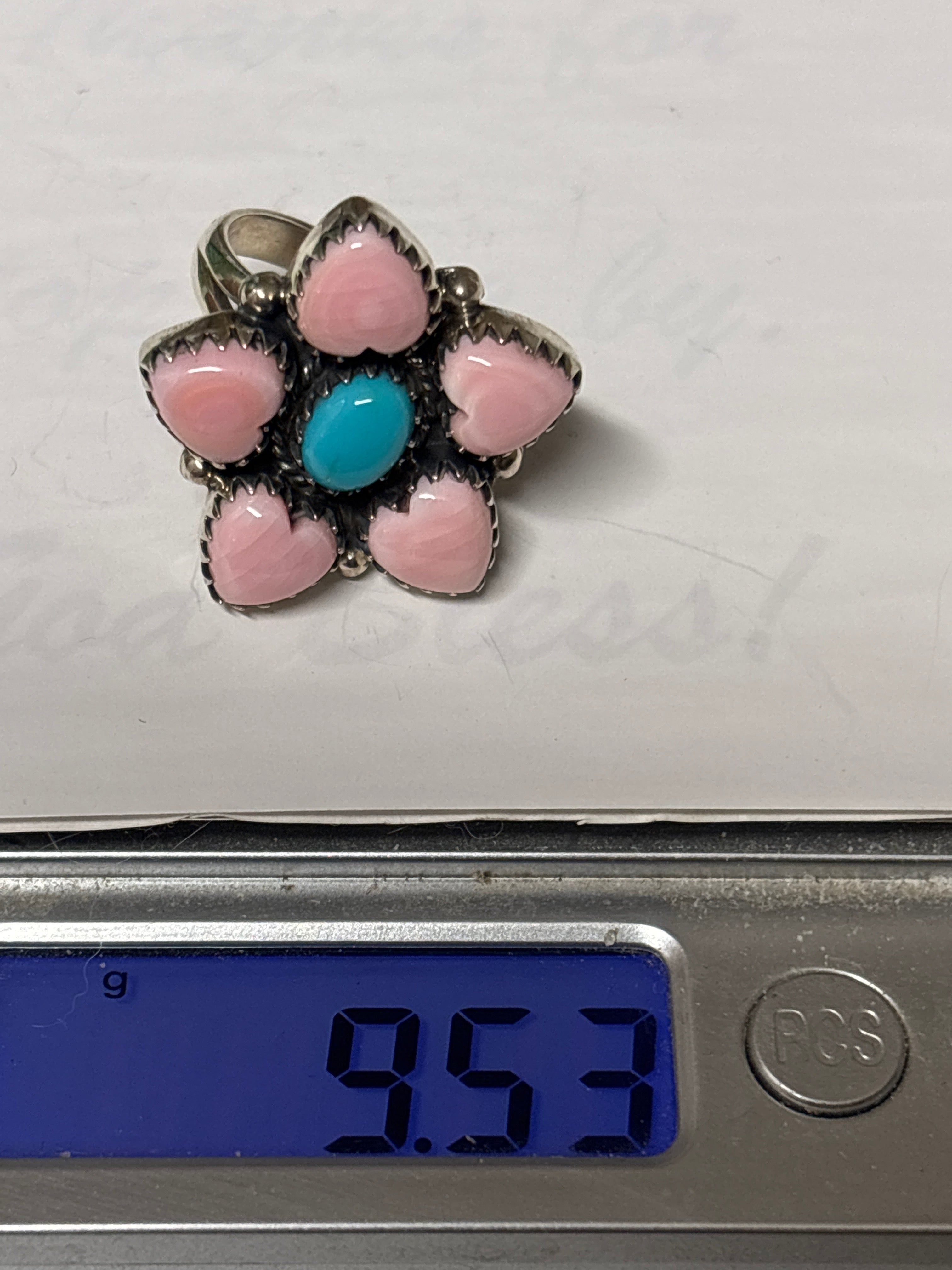 Pink Conch Heart Cluster Ring Size 8 | Kingman Turquoise | 925 Sterling Silver C864