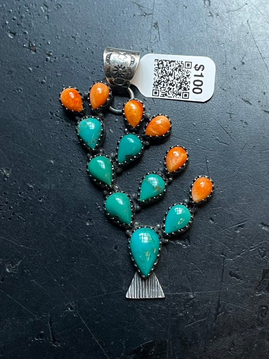 Kingman Turquoise Cactus Pendant | Sterling Silver | A596