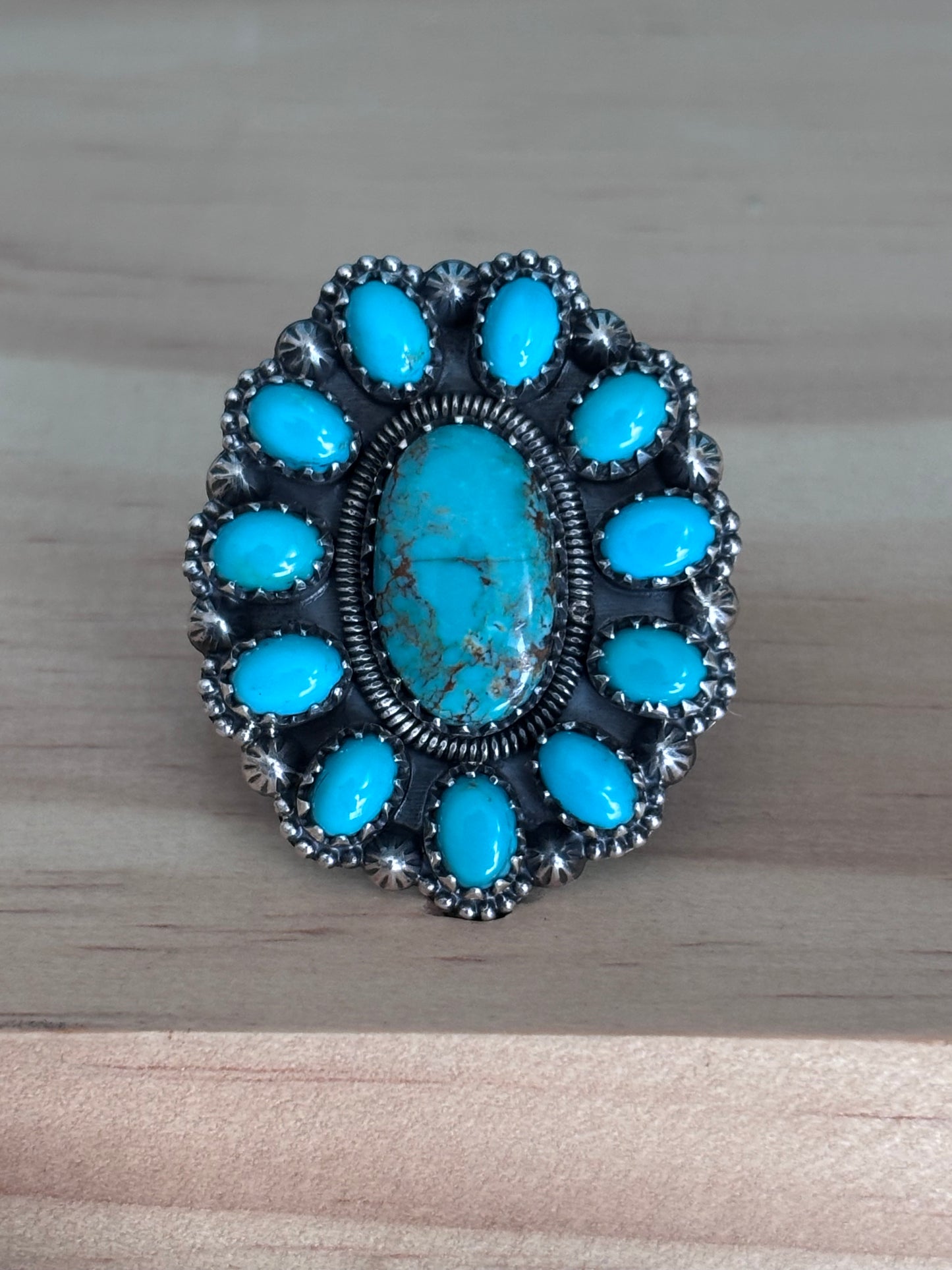 Kingman Turquoise Cluster Ring Size 8 | 925 Sterling Silver