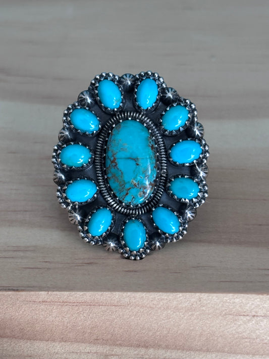 Kingman Turquoise Cluster Ring Size 8 | 925 Sterling Silver