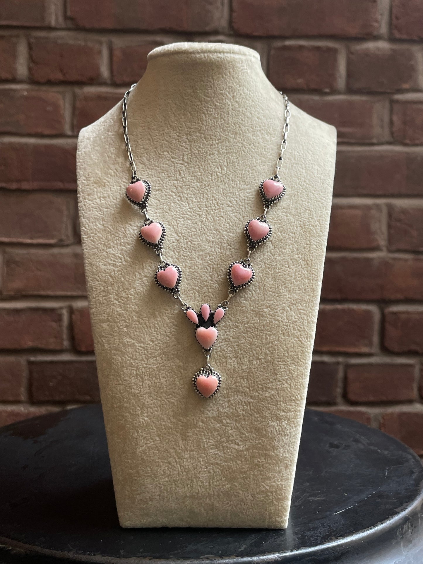 Pink Conch Heart Lariat Necklace | Drop Cluster | 925 Silver E576