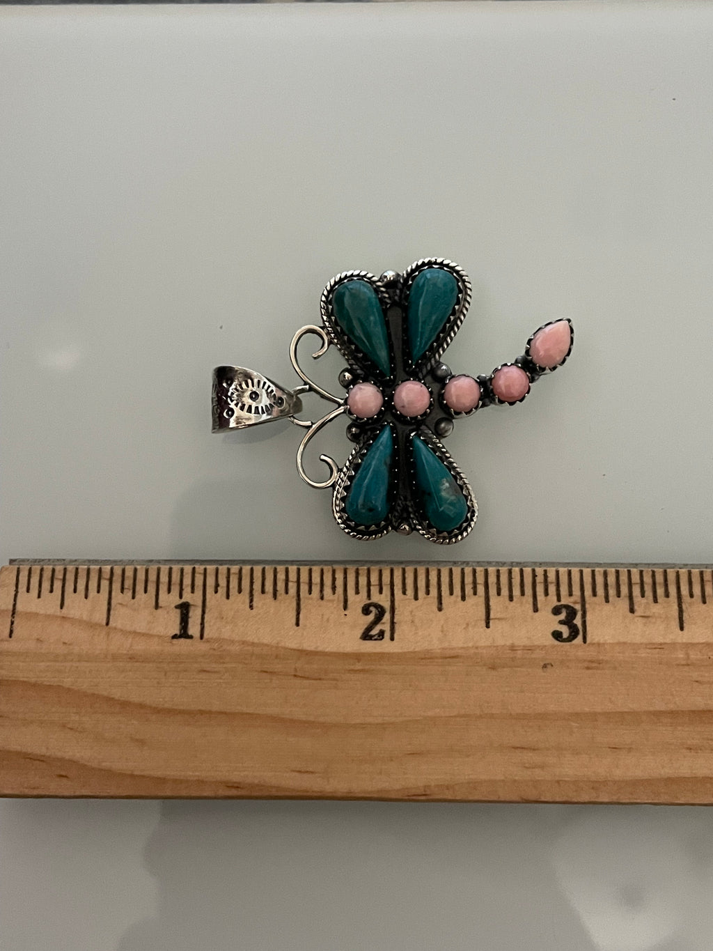 Turquoise & Pink Conch Dragonfly Pendant | 925 Sterling Silver E219