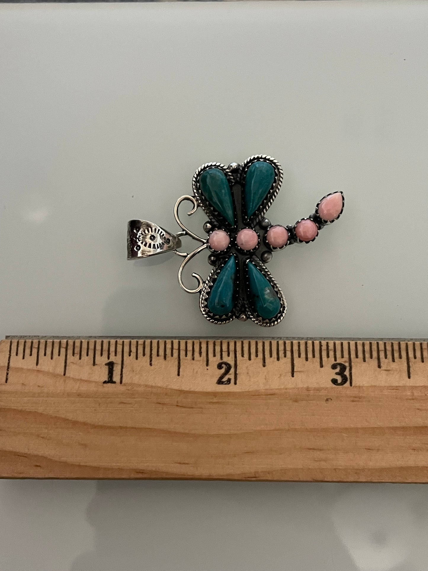 Turquoise & Pink Conch Dragonfly Pendant | 925 Sterling Silver E219