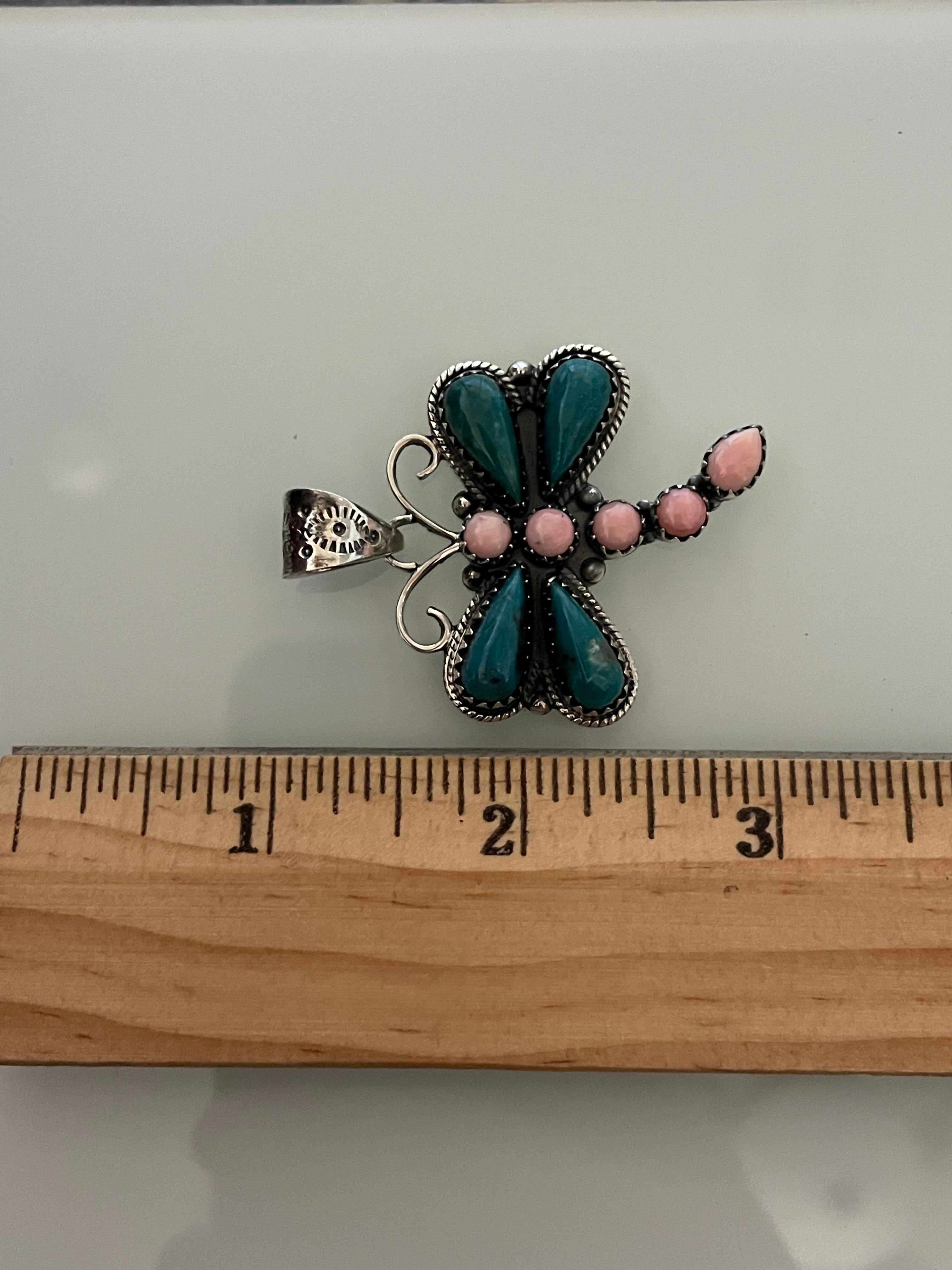 Turquoise & Pink Conch Dragonfly Pendant | 925 Sterling Silver E219