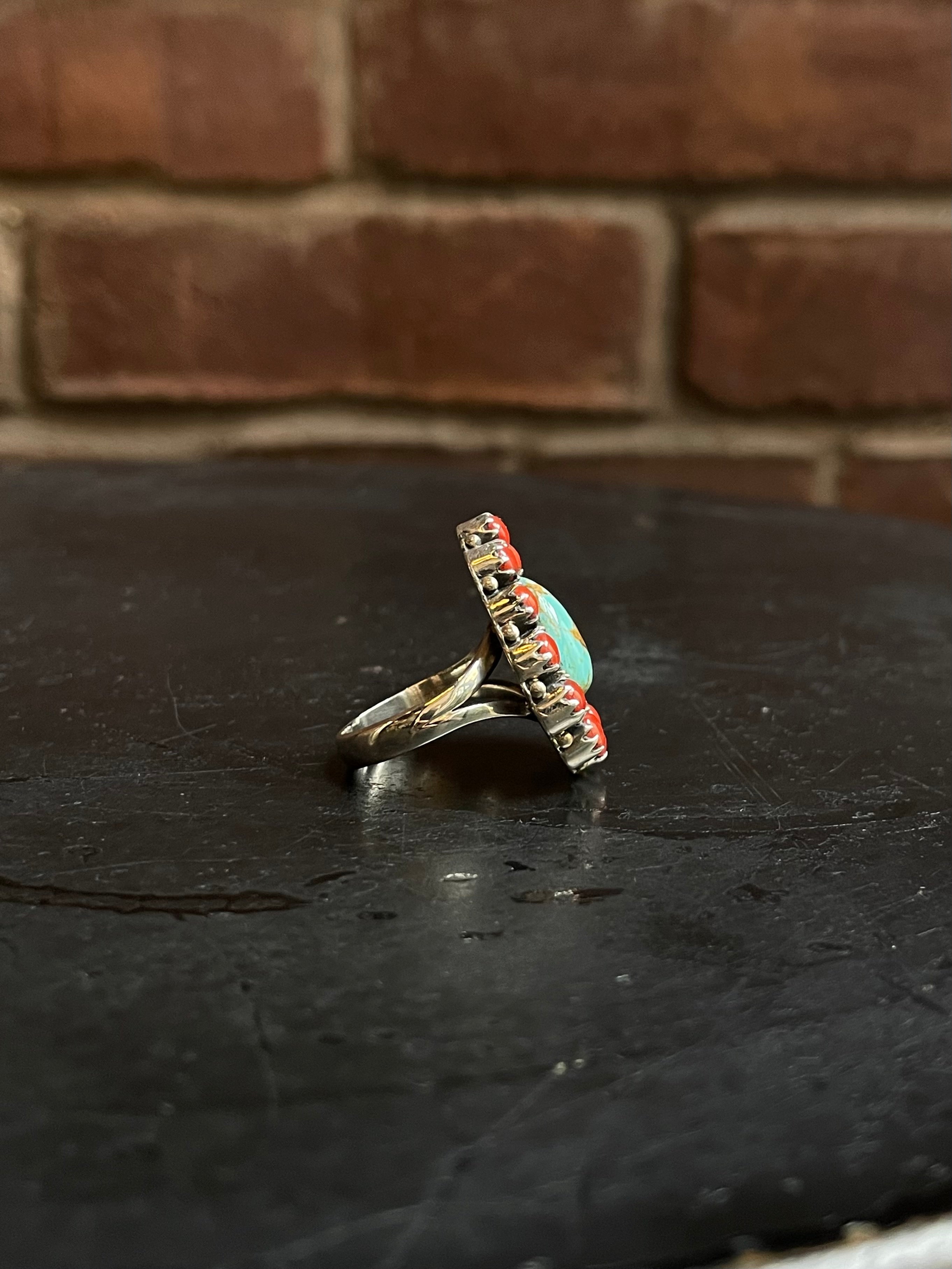 Kingman Turquoise Coral Cluster Ring Size 7 | 925 Sterling Silver E163
