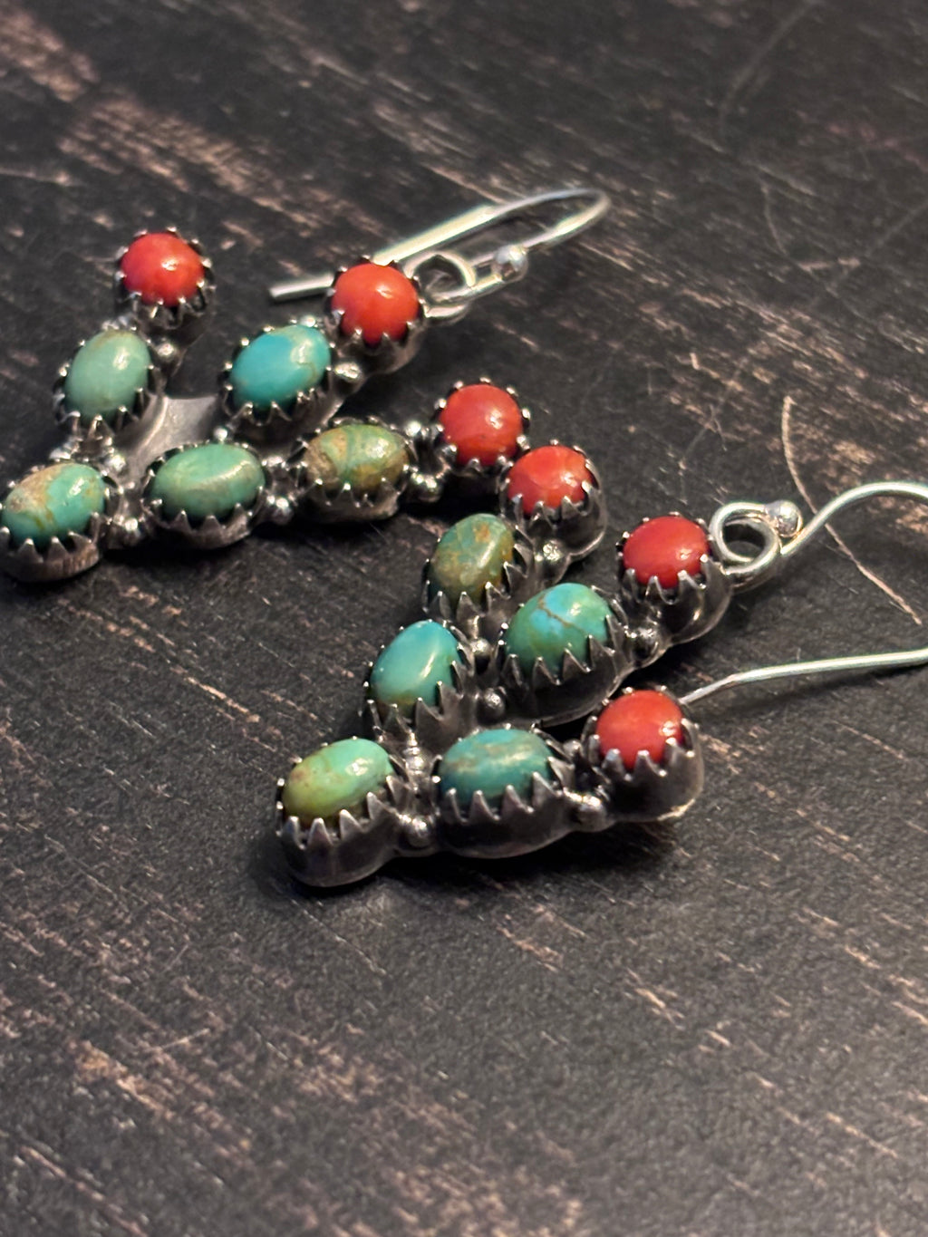 Turquoise Coral Prickly Pear Dangle Earrings | Sterling Silver A093