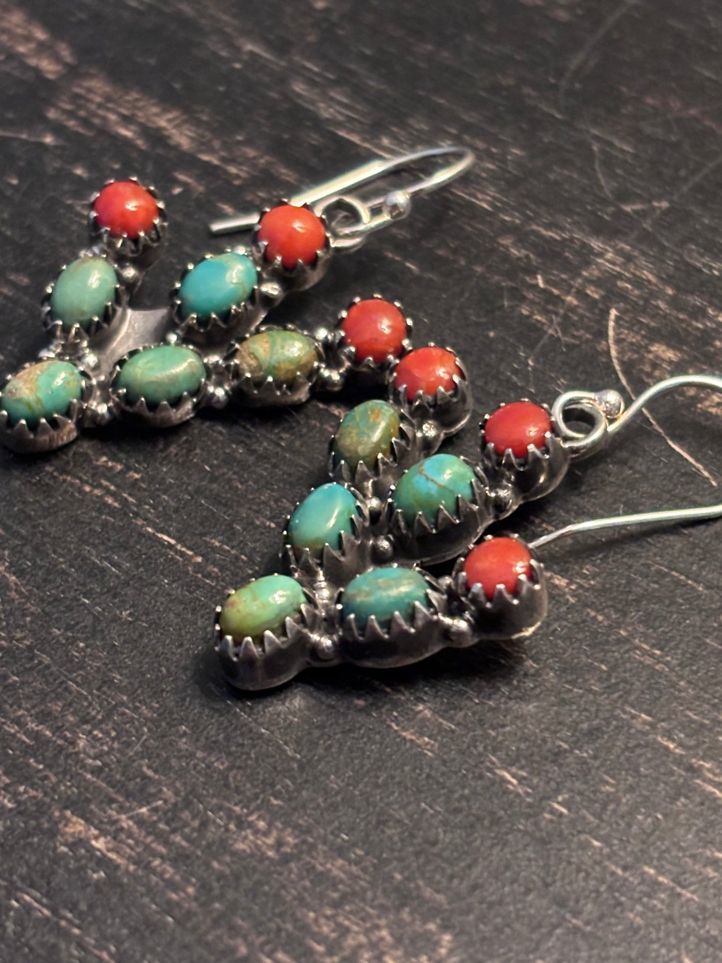 Turquoise Coral Prickly Pear Dangle Earrings | Sterling Silver A093