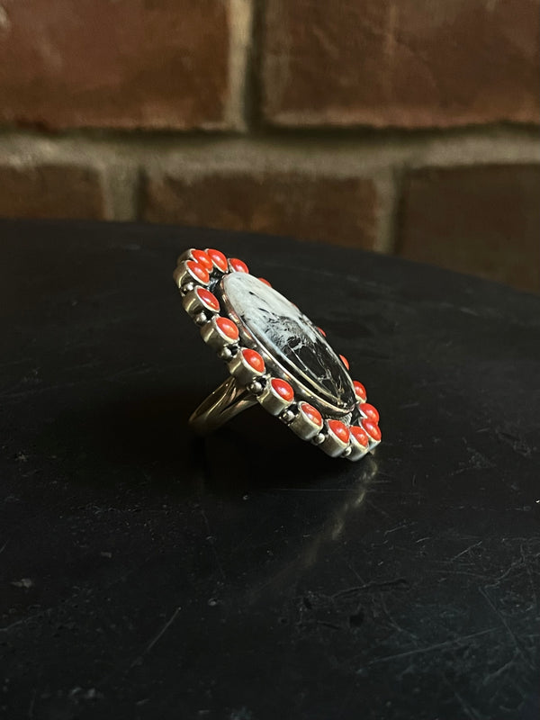 White Buffalo & Italian Coral Ring Size 5.5 | 925 Sterling Silver G680