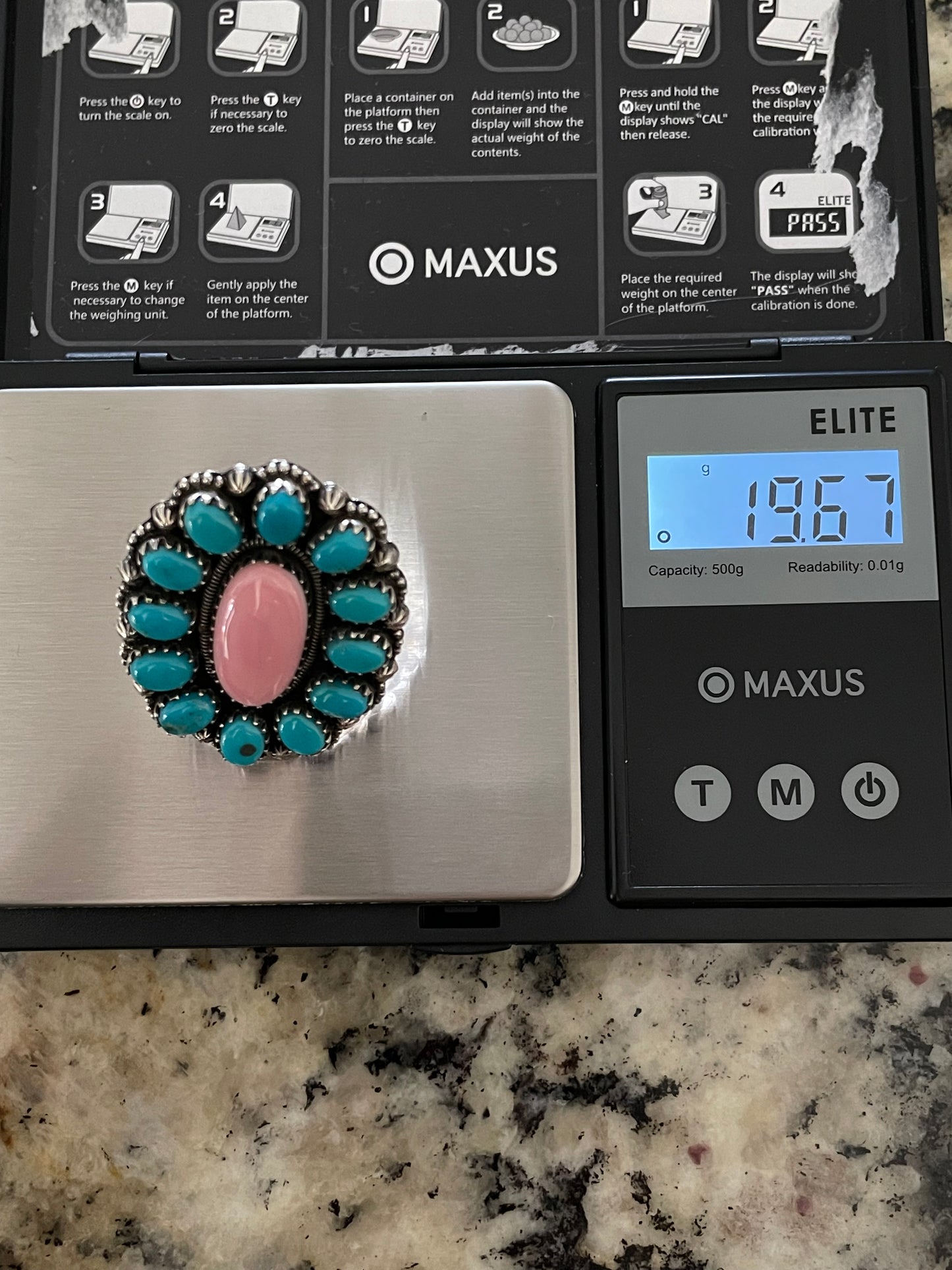 Pink Conch & Kingman Turquoise Cluster Ring | 925 Sterling Silver | Size 8 E322