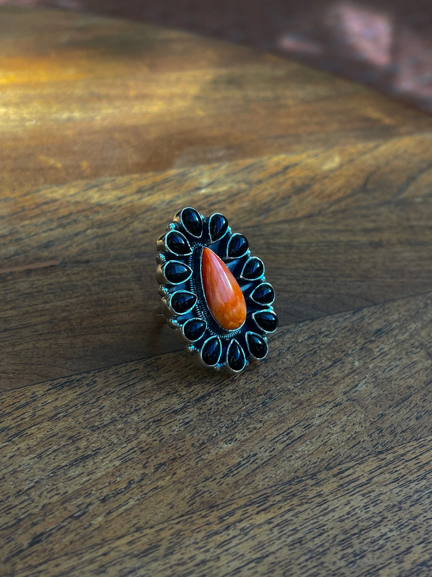 Black Onyx and Spiny Oyster Ring | Sterling Silver 925 | Size 8 C800