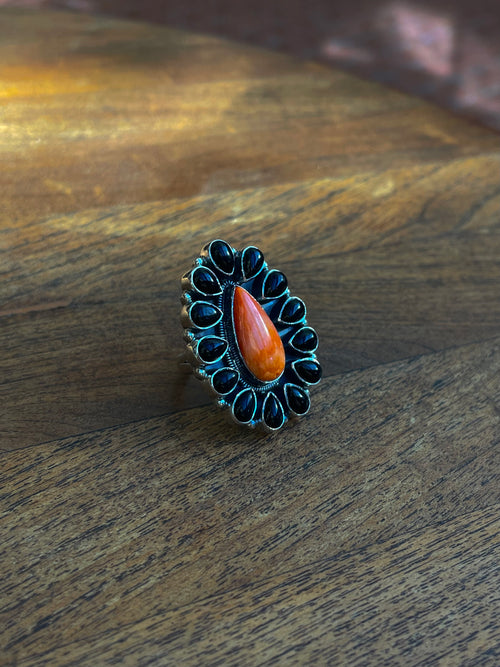 Black Onyx and Spiny Oyster Ring | Sterling Silver 925 | Size 8 C800
