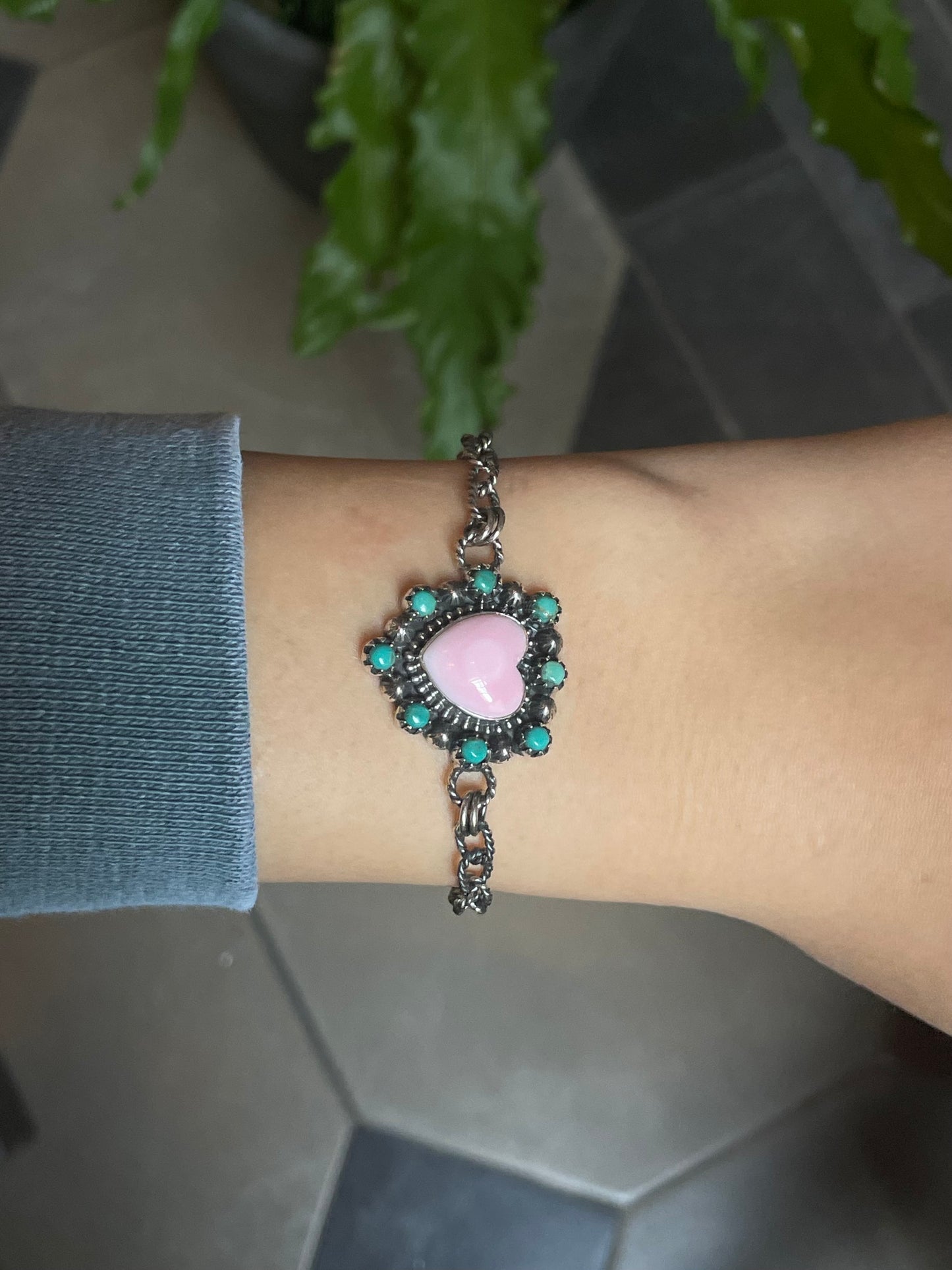 Pink Conch Heart Turquoise Bracelet | 925 Sterling Silver E548