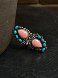 Pink Conch & Turquoise Double Teardrop Ring | 925 Sterling Silver Size 6 E299
