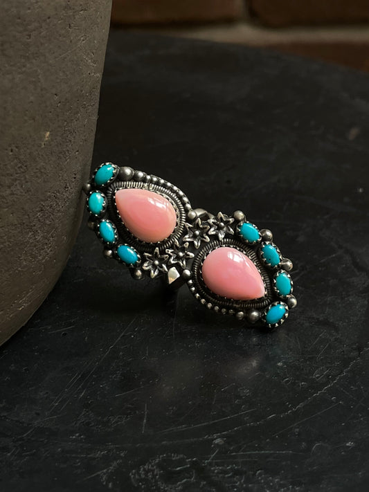 Pink Conch & Turquoise Double Teardrop Ring | 925 Sterling Silver Size 6 E299
