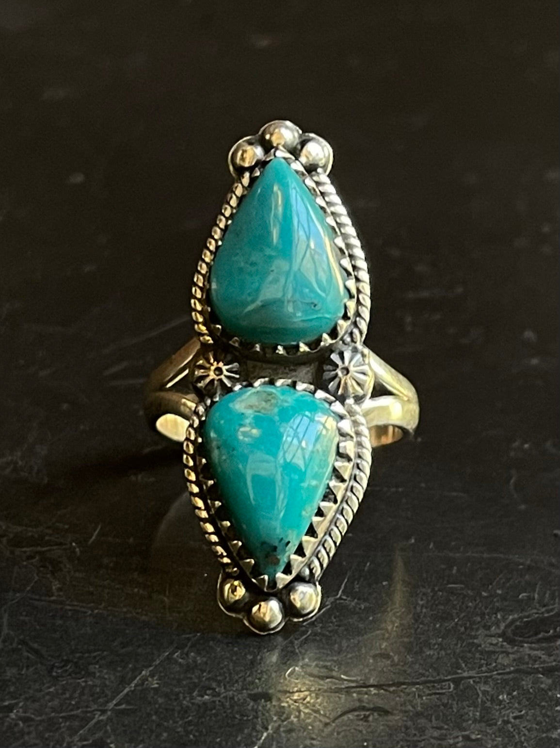 Turquoise Tear Drop Rope Ring Size 8 | Sterling Silver E878